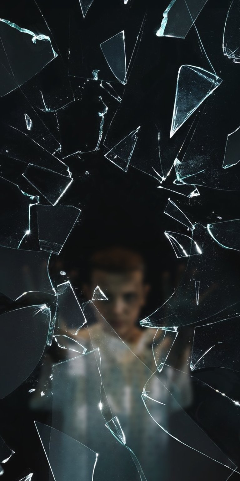 Download this Eleven 4K wallpaper for your iPhone, showcasing a shattered glass effect. The wallpaper features multiple triangular shards and a blurred girl in the background.