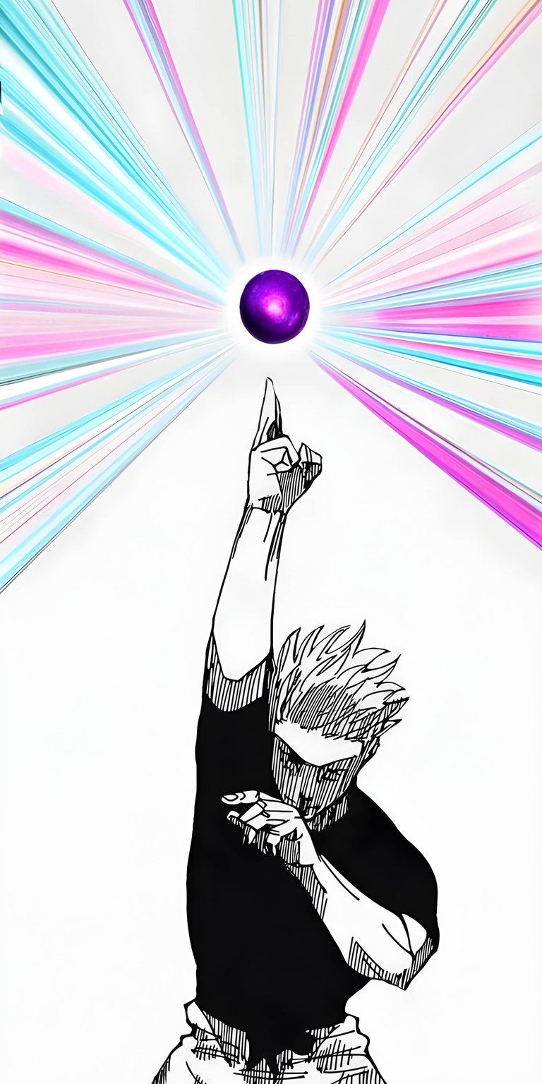 Elevate your iPhone with this stunning Gojo Satoru wallpaper in 4K resolution. Featuring the powerful character pointing towards a vibrant purple orb with radiating pink and blue light rays, this wallpaper is a must-have.