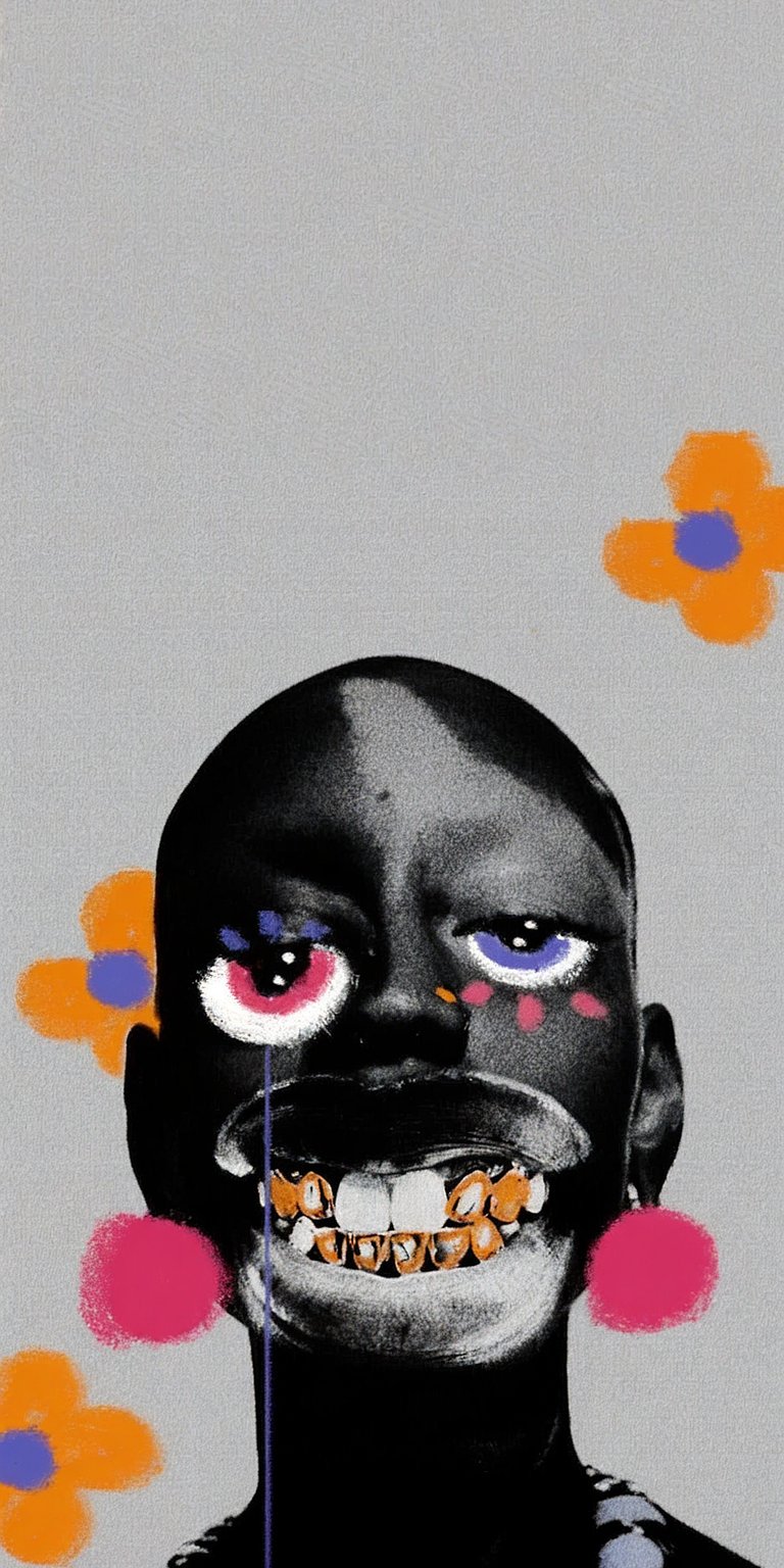 This aesthetic wallpaper features a stylized artistic portrait with vibrant floral elements for your iPhone. This unique digital art wallpaper brings a bold, creative look to your mobile home screen.