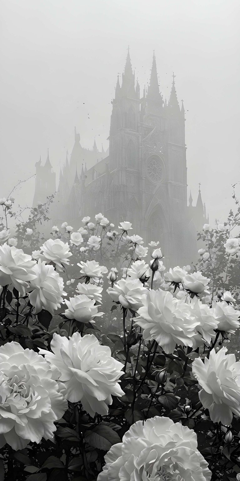 A moody and atmospheric 4K wallpaper featuring a towering gothic cathedral behind a field of white roses. This monochromatic 4K wallpaper adds a sophisticated and mysterious vibe to any iPhone screen.