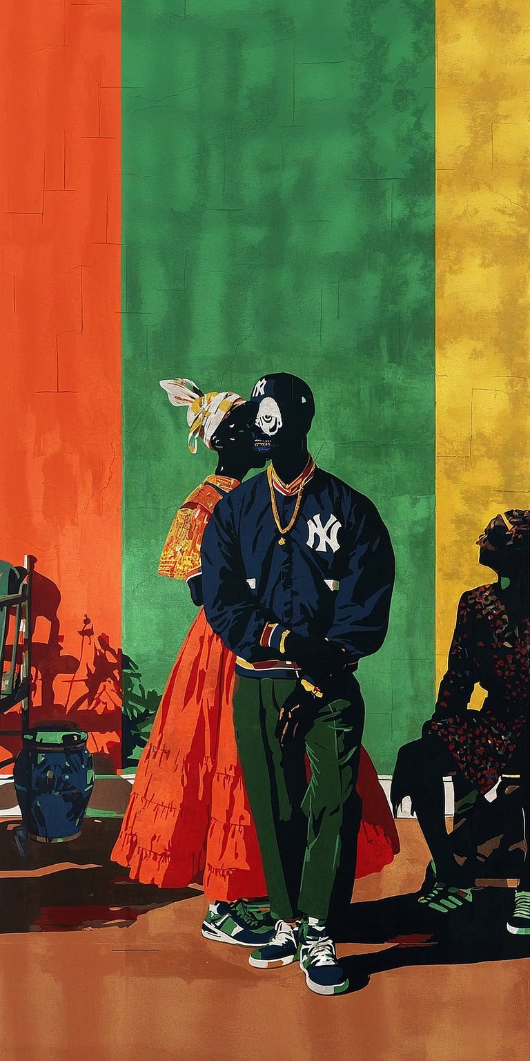 This vibrant aesthetic wallpaper features a couple in NY Yankees apparel against a bold color-block background. It is a stylish choice for any sports fan's iPhone.