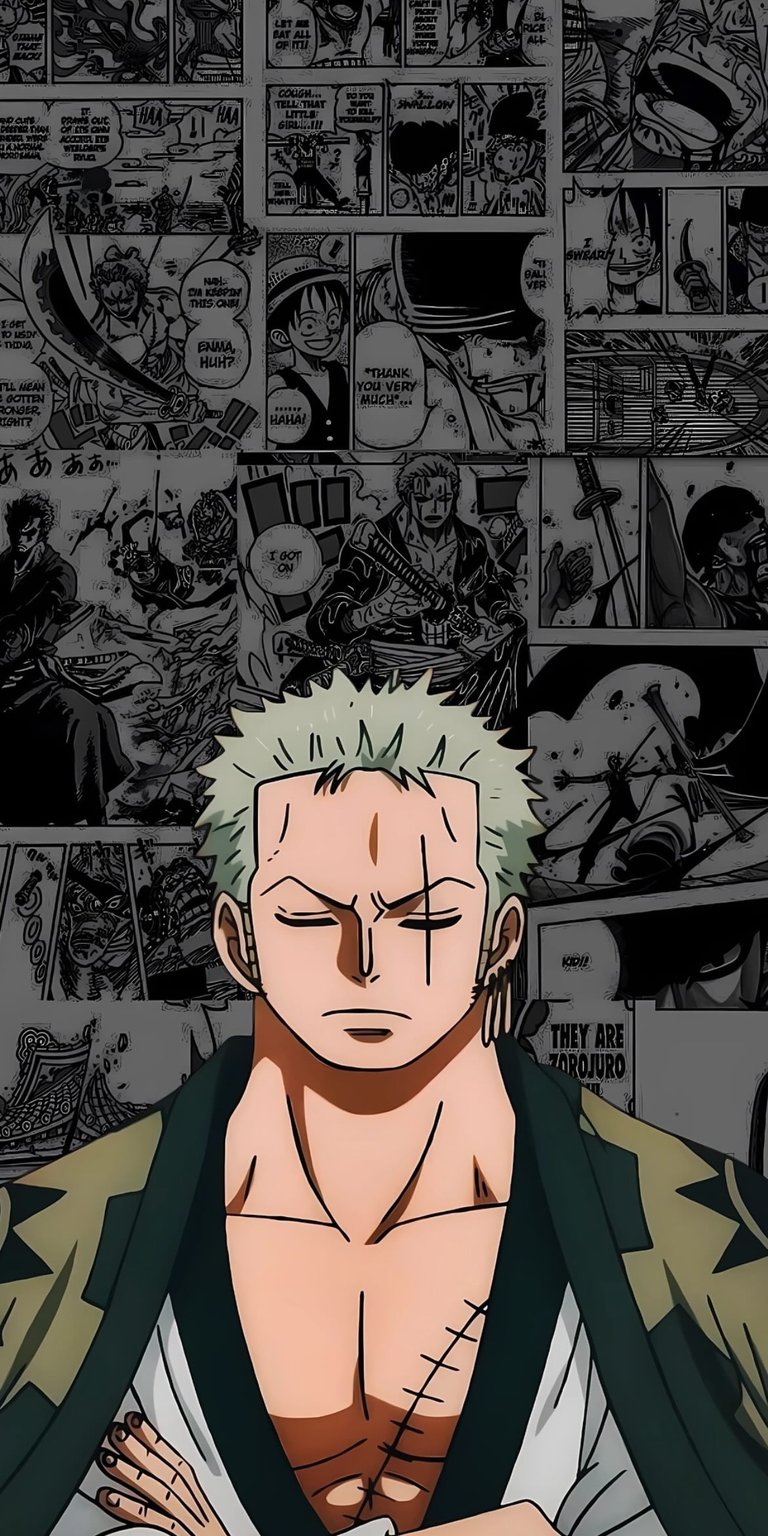 Enhance your iPhone with this Roronoa Zoro 4K wallpaper featuring iconic black and white manga panels and high-contrast character art. This mobile wallpaper captures the legendary swordsman with sharp linework and cinematic shading for a professional lock screen look.