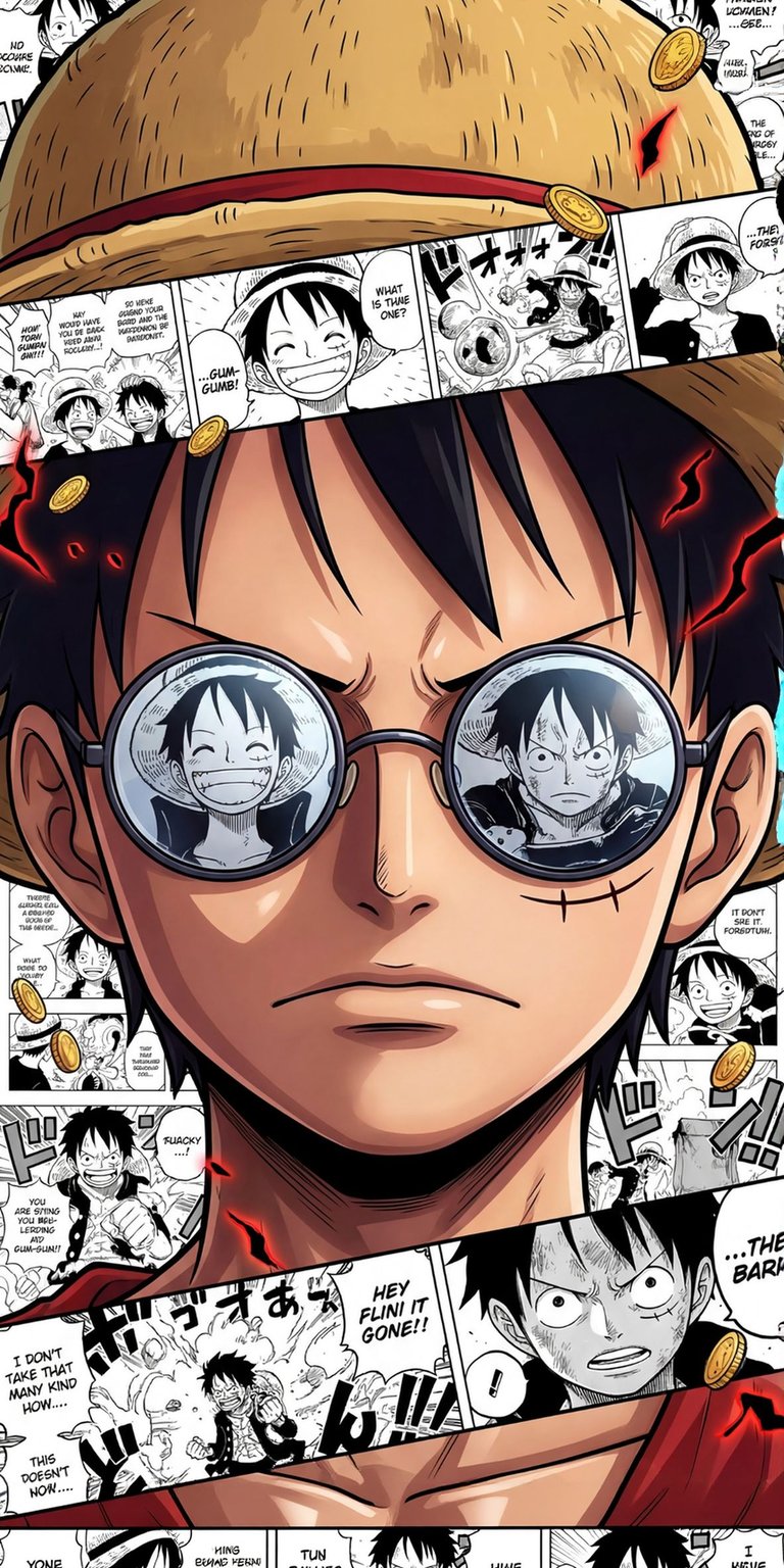 Luffy Static Wallpaper featuring Monkey D. Luffy with reflective glasses and layered manga panels. This aesthetic wallpaper for iPhone showcases bold anime colors and detailed comic artwork, making the wallpaper perfect for lock screen and home screen customization.