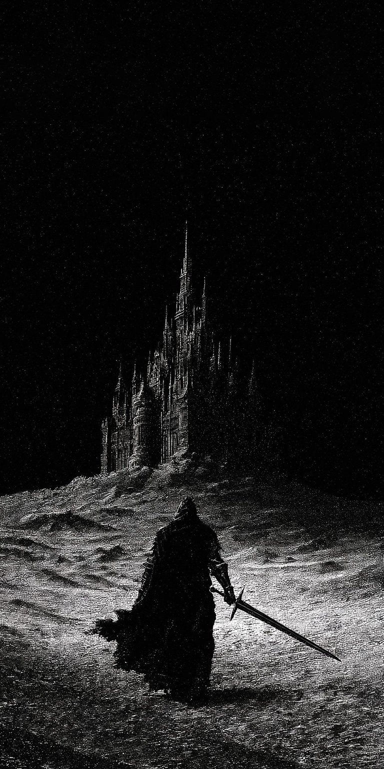 A stark and atmospheric live wallpaper featuring a lone, dark figure (a knight or warrior) standing with a sword in a desolate, rocky landscape. In the background, a large, ruined Gothic castle looms under a black, menacing sky. The image is monochromatic or highly desaturated, emphasizing the dark fantasy aesthetic. The animation includes slow, heavy cloud movement, subtle dust or mist effects, and light reflecting momentarily off the sword, creating a powerful sense of isolation and high fantasy.