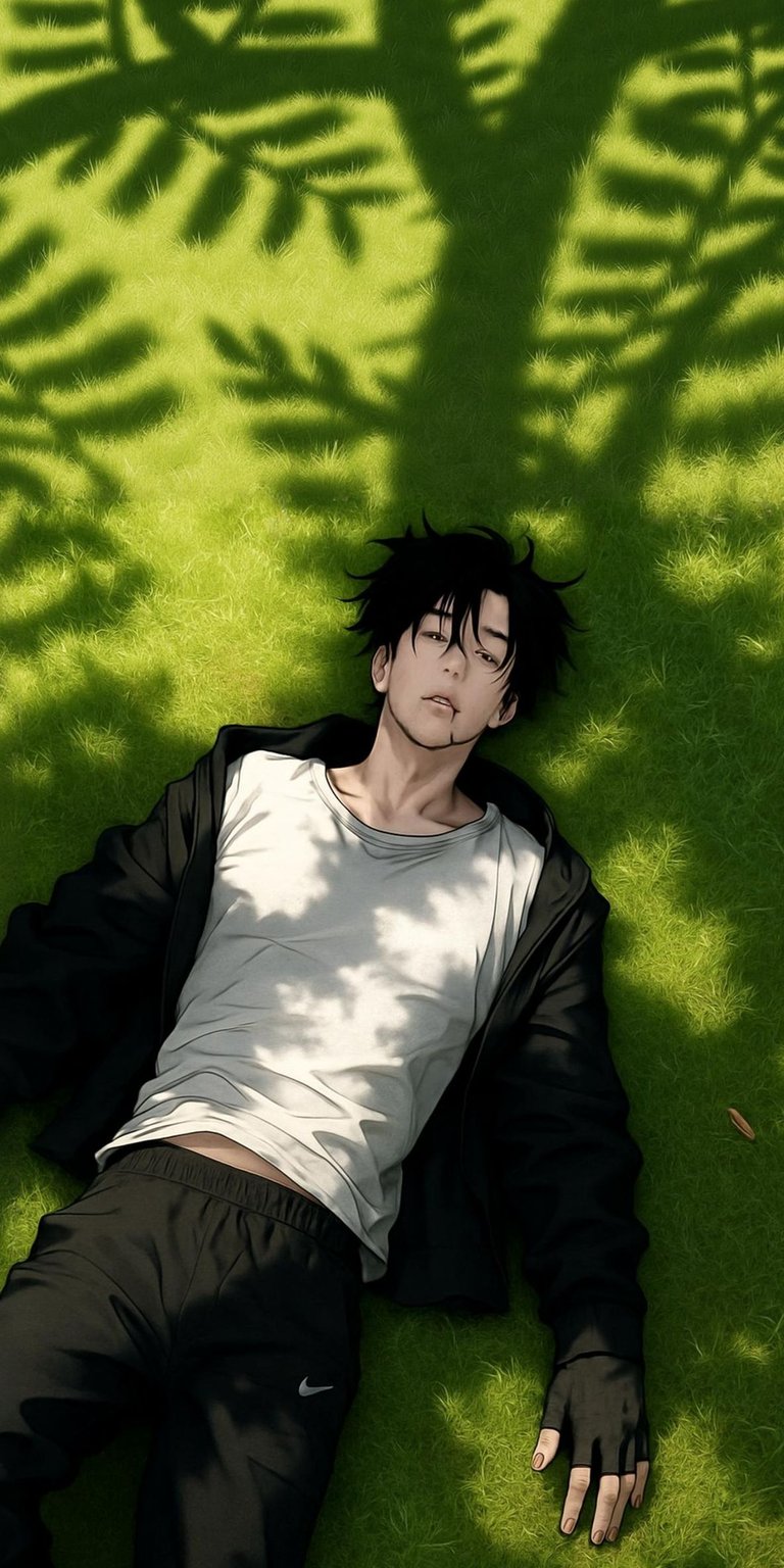Download this Anime Boy 4K wallpaper for your iPhone, featuring him lying on the green grass with a tree casting shadows overhead. This wallpaper captures the subject's distinct style and serene posture.