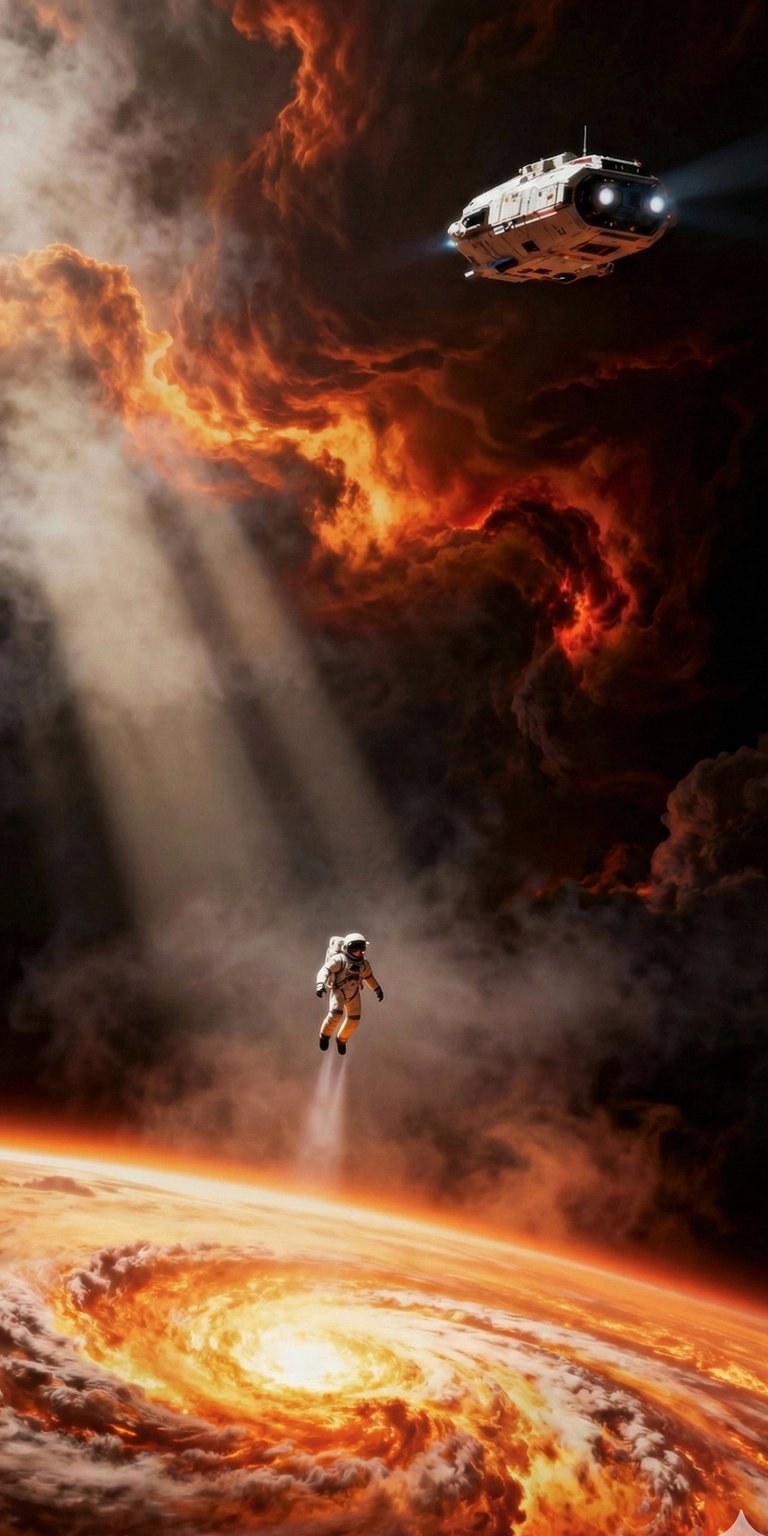 Download this Astronaut 4K wallpaper for your iPhone, showcasing an astronaut floating in space with a fiery planet and a spaceship among reddish clouds. This wallpaper offers a unique visual experience.