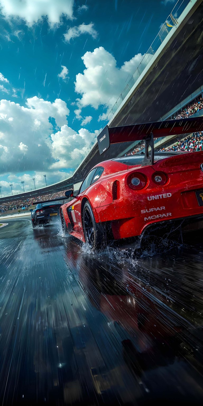Red Nissan GTR 4K wallpaper showcasing rain splashes, racing motion, and glossy reflections. This aesthetic wallpaper delivers intense speed vibes on iPhone lock screen and home screen, making it a powerful car wallpaper choice.