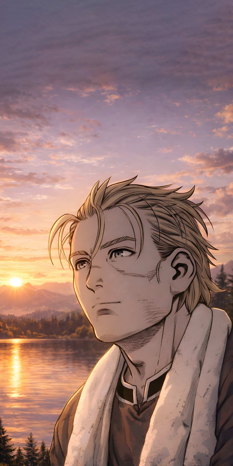 Download this stunning Thorfinn 4K wallpaper for your iPhone, showcasing his calm expression with the peaceful lake and beautiful sunset backdrop. This captivating wallpaper brings the essence of the character to life on your device.