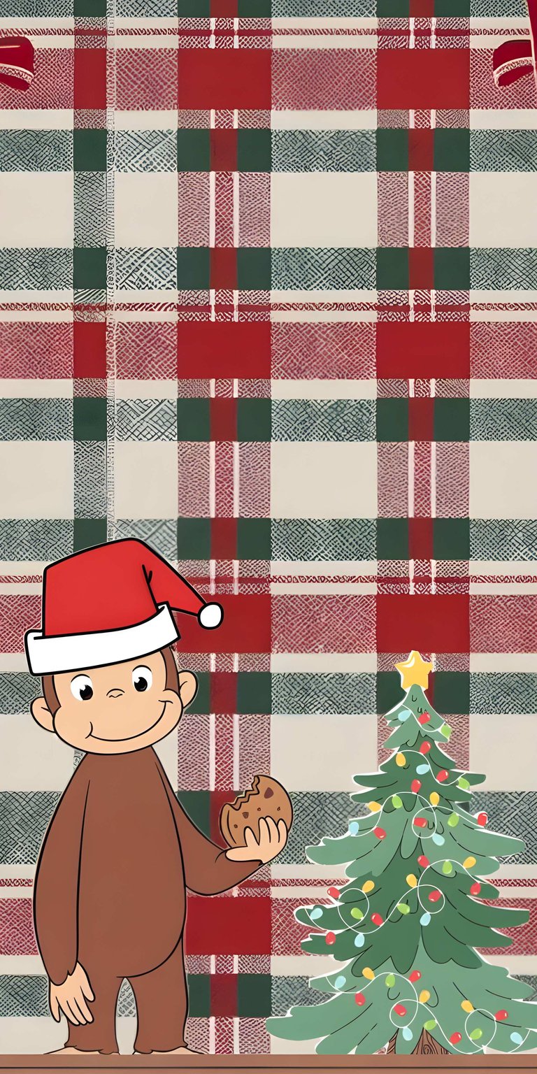 Download this festive Curious George 4K wallpaper for your iPhone! The delightful wallpaper features George wearing a Santa hat and holding a cookie next to a Christmas tree against a plaid background.