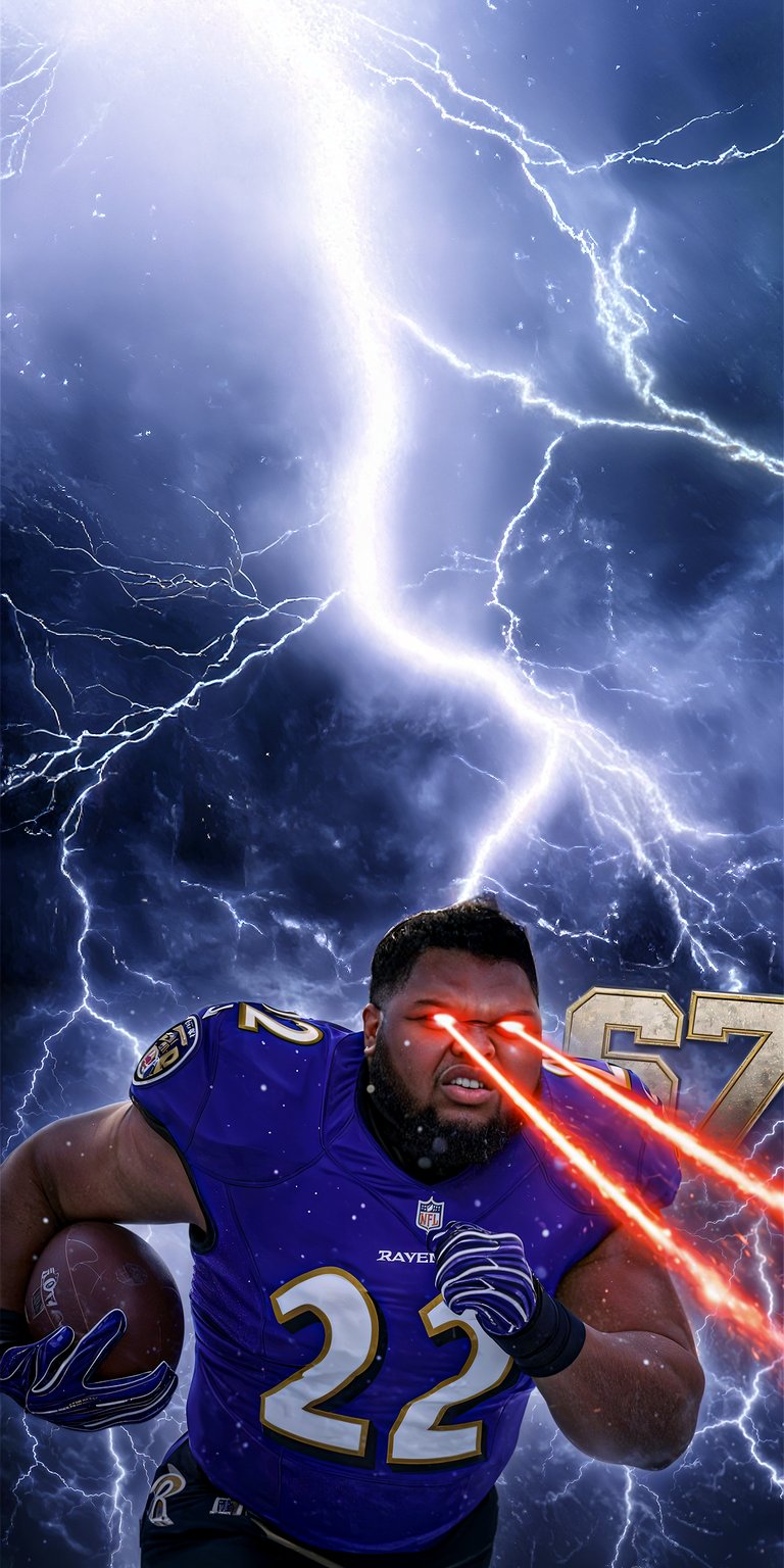 Download this electrifying Michael Pierce 4K wallpaper for your iPhone, featuring the Baltimore Ravens player with laser beams emitting from his eyes against a backdrop of stormy skies and lightning. This dynamic wallpaper captures Pierce in his jersey with the number 22, ready for action.