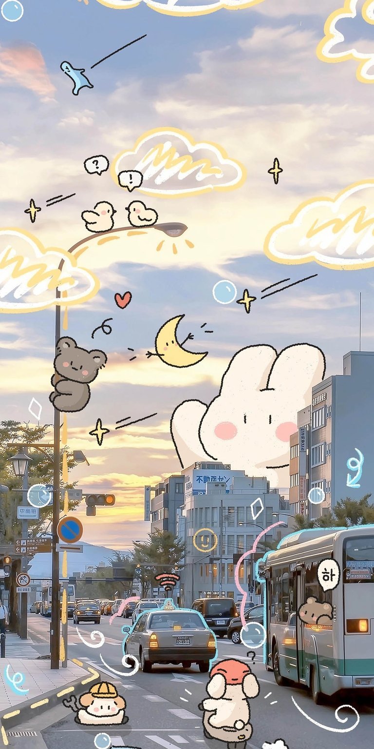 Transform your mobile screen with a cute 4K wallpaper featuring kawaii rabbit doodles over a pastel sunset city street. This charming wallpaper blends urban photography with soft cartoon art and warm golden-hour lighting.