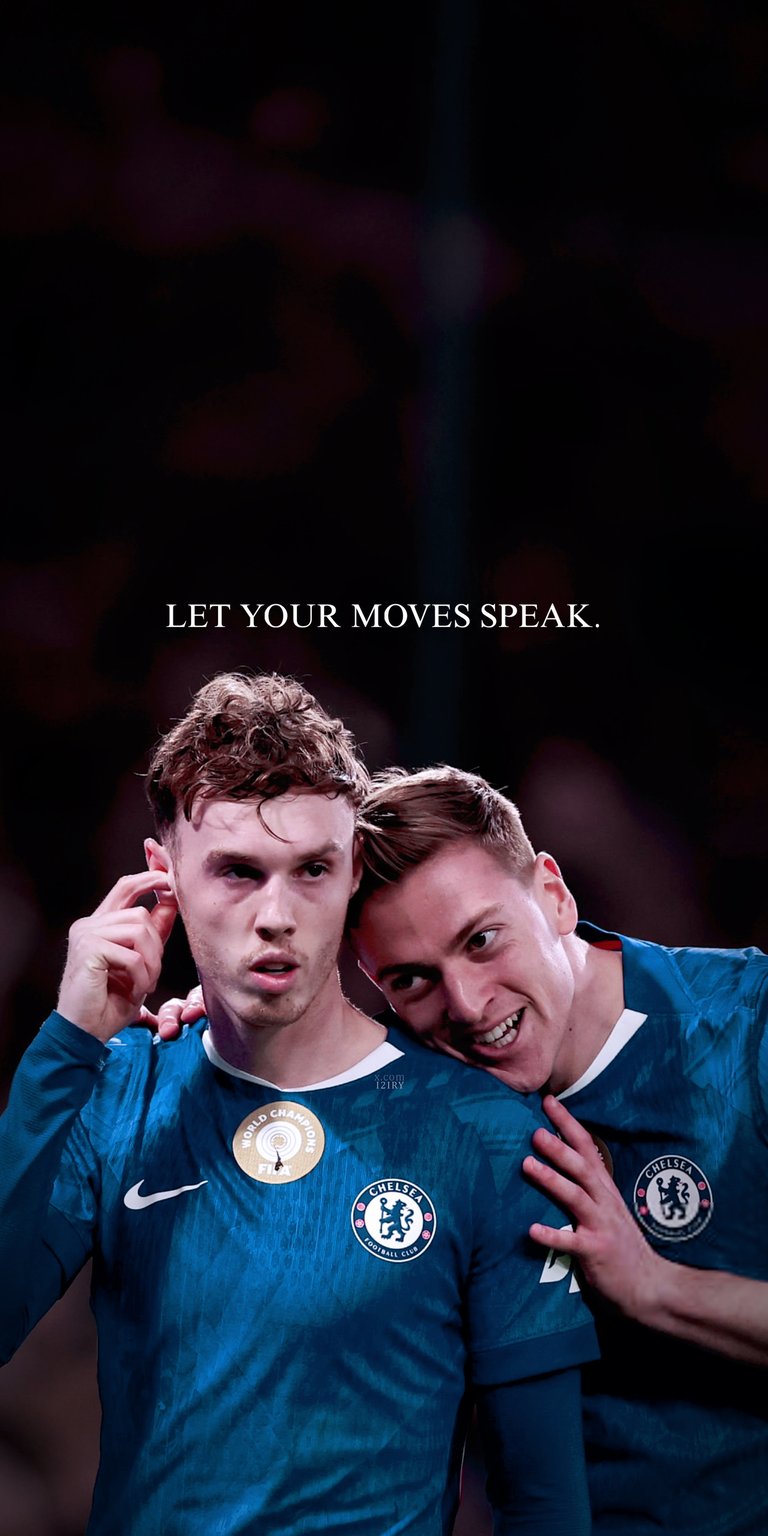 This stunning 4K wallpaper captures a joyful moment between Cole Palmer and Enzo Fernández in their Chelsea away kit. The high-resolution wallpaper is designed specifically for iPhone, featuring a dark aesthetic that highlights the players' teal jerseys and vibrant expressions.