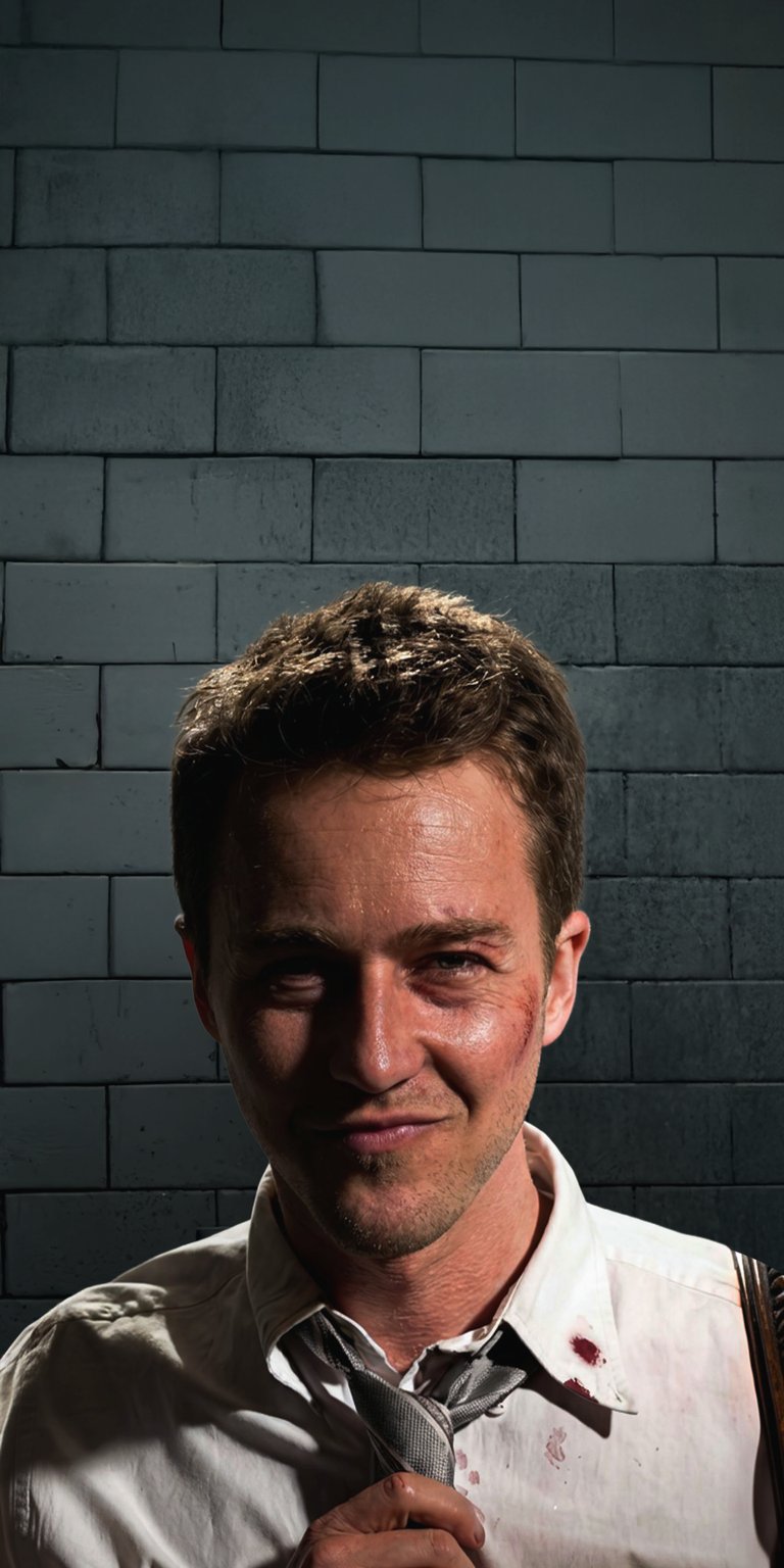 A 4K vertical wallpaper featuring a clean portrait of the Narrator (Edward Norton). Unlike the wilder images of Tyler Durden, this portrays the Narrator with a pensive, slightly troubled look, wearing a white button-up shirt. The neutral background keeps the focus entirely on the actor's face, capturing the duality and complexity of the film's main character.