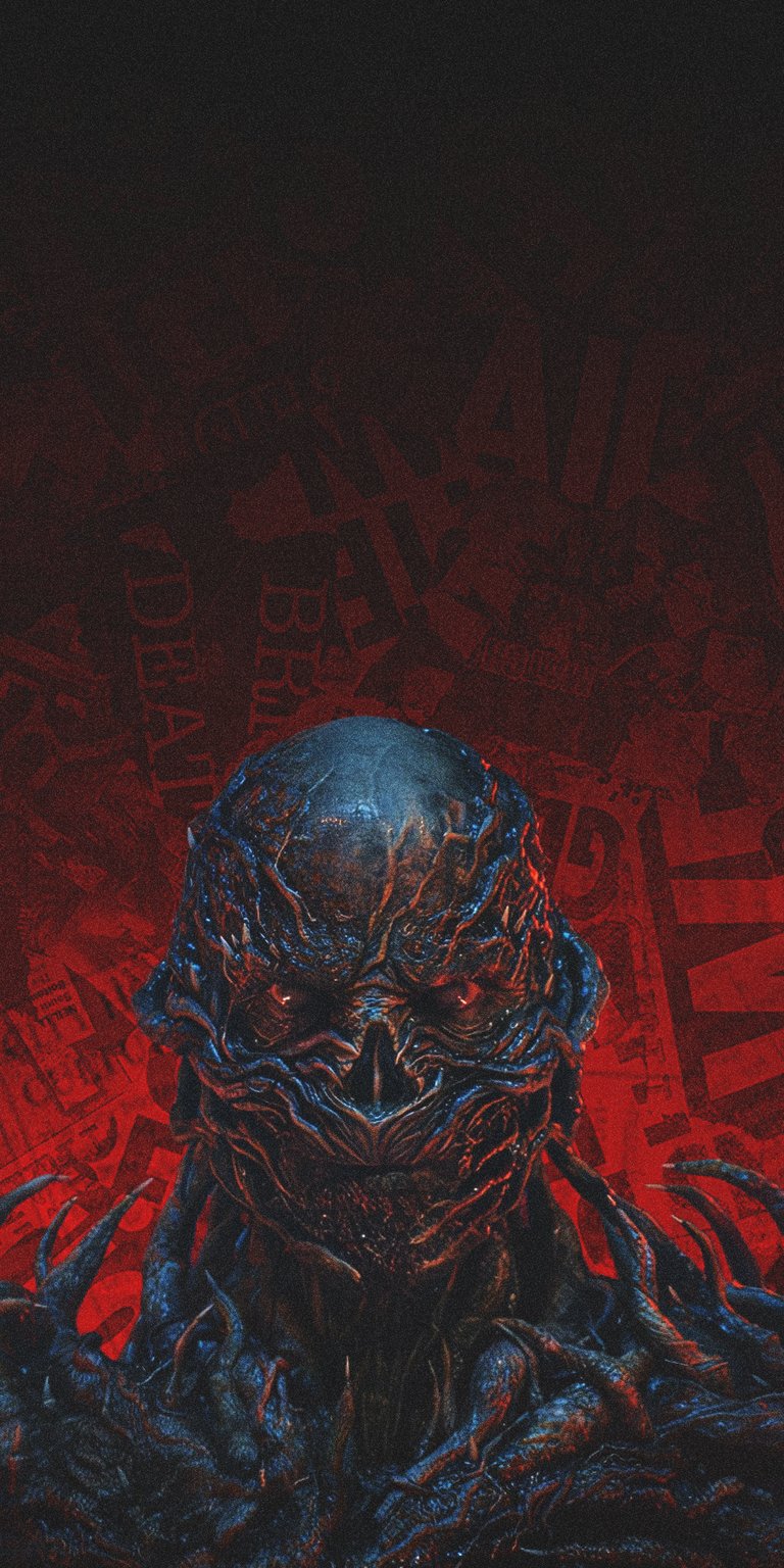 Get this Vecna 4K wallpaper for your iPhone, showcasing a ghoulish face and glowing red eyes. This incredible wallpaper features a demonic figure emerging from dark vines and a background with faded text.
