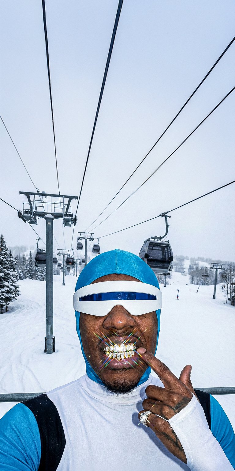 This 4K aesthetic wallpaper features Ski Mask The Slump God in a snowy mountain setting wearing a blue balaclava and iced-out diamond grillz. Elevate your iPhone with this high-energy wallpaper showcasing bright winter lighting and shimmering lens flares against a scenic ski lift background.
