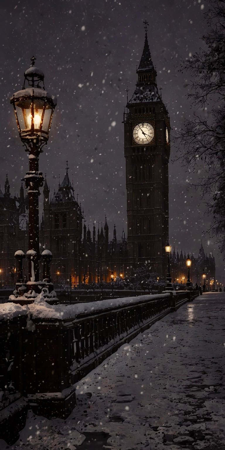 Install this captivating Big Ben wallpaper in 4K on your iPhone, showcasing the iconic clock tower under a snowy sky. The scene features a vintage streetlamp casting a warm glow and snow covered bridges.