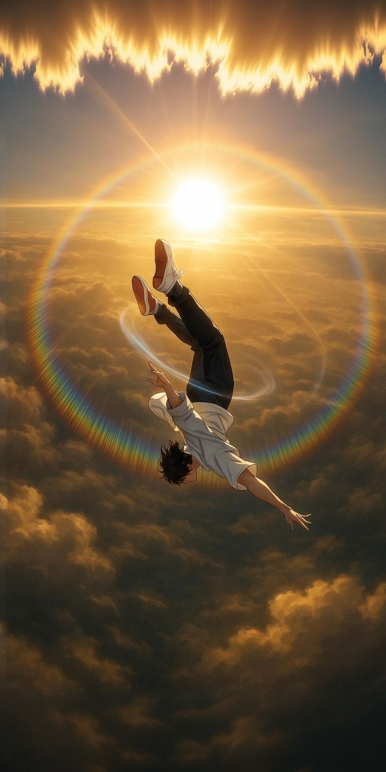 Download this stunning Falling Man 4K wallpaper for your iPhone. This wallpaper features a man falling through the clouds with a rainbow ring around him and sunlight above.
