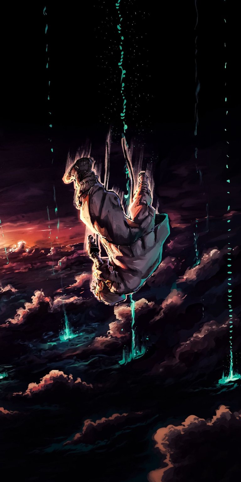 Download this Falling Man 4K wallpaper for your iPhone, showcasing a man in a grey coat suspended above ethereal clouds. The wallpaper features glowing teal streams cascading from above.