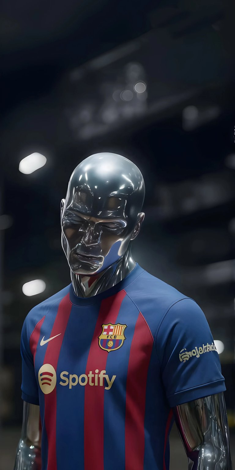 Get this FC Barcelona wallpaper for your iPhone, showcasing a sleek, chrome figure wearing the latest team jersey. This 4K wallpaper highlights the red and blue stripes and the gold Spotify logo, creating a striking visual for any fan.