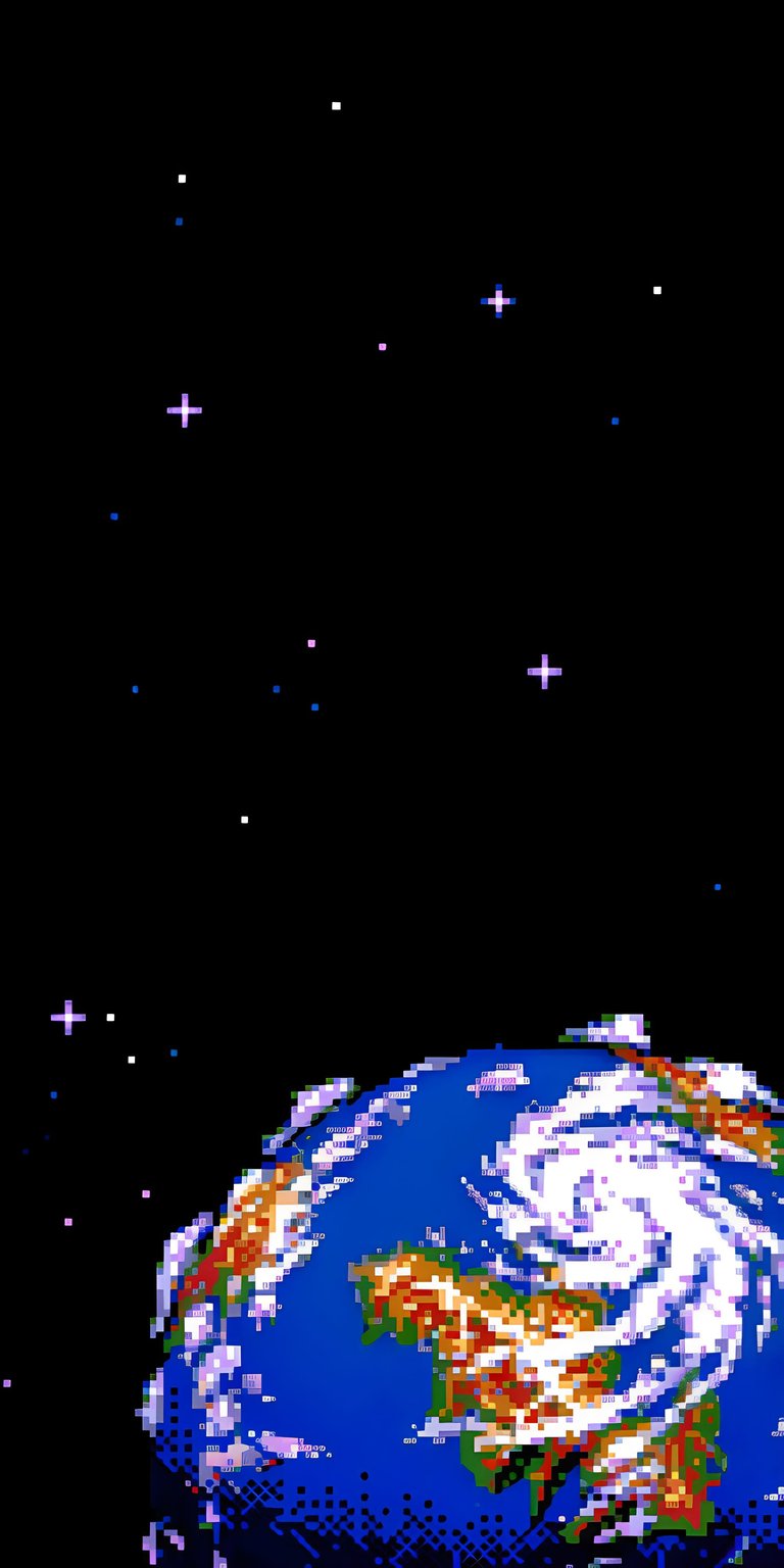 Transform your screen with this retro-style 3D wallpaper depicting a pixelated Earth with a swirling hurricane viewed from deep space. This 3D wallpaper is optimized for iPhone and features vibrant blues and greens against a nostalgic, starry 8-bit cosmos.