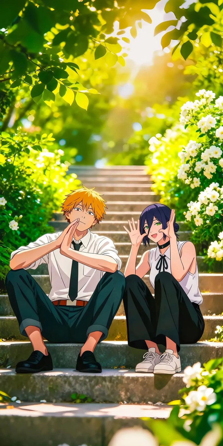 This vibrant Denji and Reze 4K wallpaper is perfect for your iPhone, showcasing the characters on a sun-drenched staircase surrounded by lush greenery and white flowers. Get this wallpaper to brighten your mobile device!