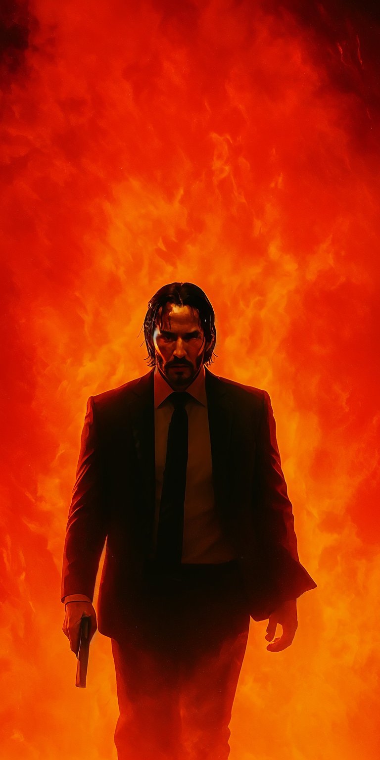 Download this John Wick 4K wallpaper for your iPhone, showcasing him emerging from a blaze of fire with sparks and a pistol. This intense wallpaper is perfect for any fan.