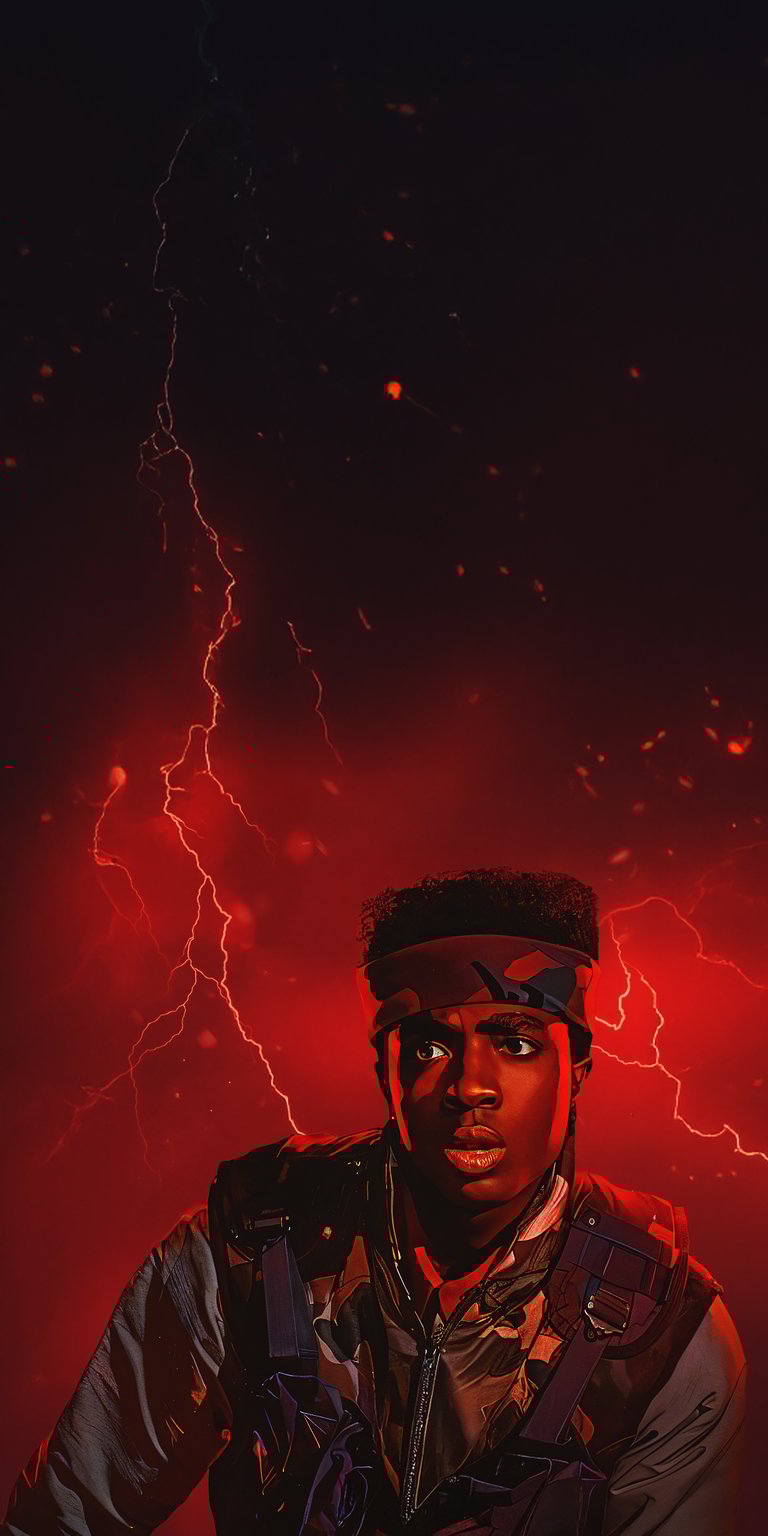 Download this striking Lucas Sinclair 4K wallpaper for your iPhone, showcasing a bold portrait set against an intense red backdrop punctuated by vivid lightning strikes. This wallpaper captures Lucas wearing a camo jacket with a black headscarf.