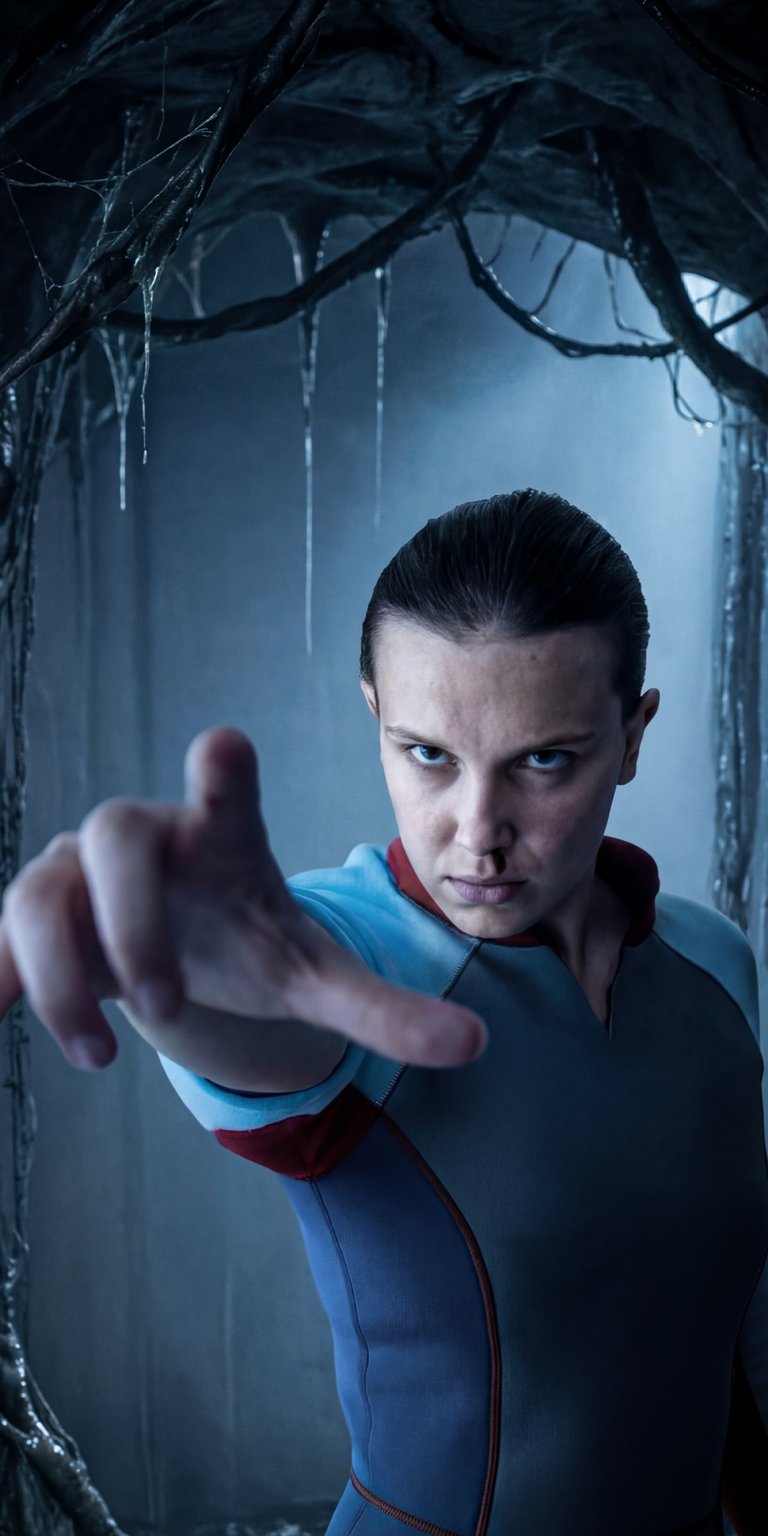 Download this Eleven 4K wallpaper for your iPhone, showcasing her outstretched hand and sleek wetsuit. This high-quality wallpaper captures the chilling atmosphere with its frozen tendrils and intense, focused expression.