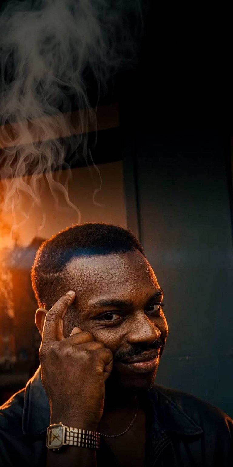 This Roll Safe meme wallpaper is optimized for iPhone displays with deep blacks fitting the OLED wallpapers style. The 4K image features the iconic "thinking" pose with warm orange backlighting and cinematic smoke details.