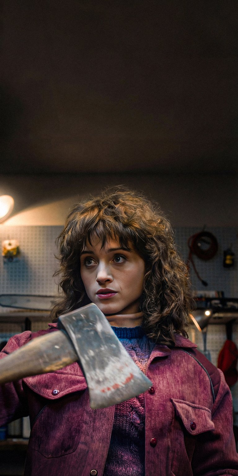 Get this awesome Nancy 4K wallpaper for your iPhone; it features Nancy holding an axe and wearing a purple corduroy jacket. This wallpaper will bring a touch of horror to your device.