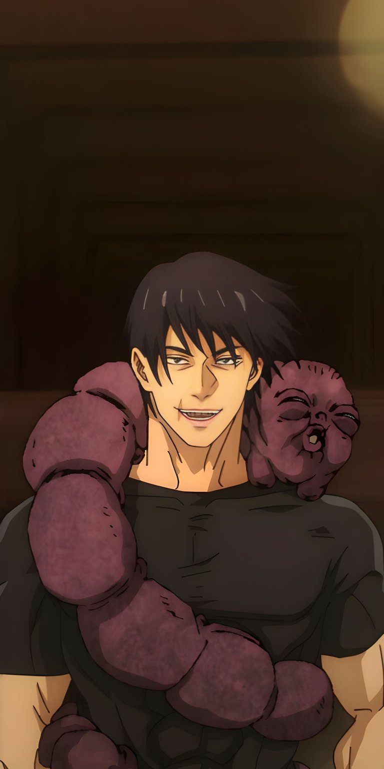 Download this Toji Fushiguro 4K wallpaper for your iPhone, showcasing the character with slicked-back dark hair and his unique cursed spirit companion wrapped around his neck. This wallpaper captures Toji's intense gaze and the strange texture of the spirit.