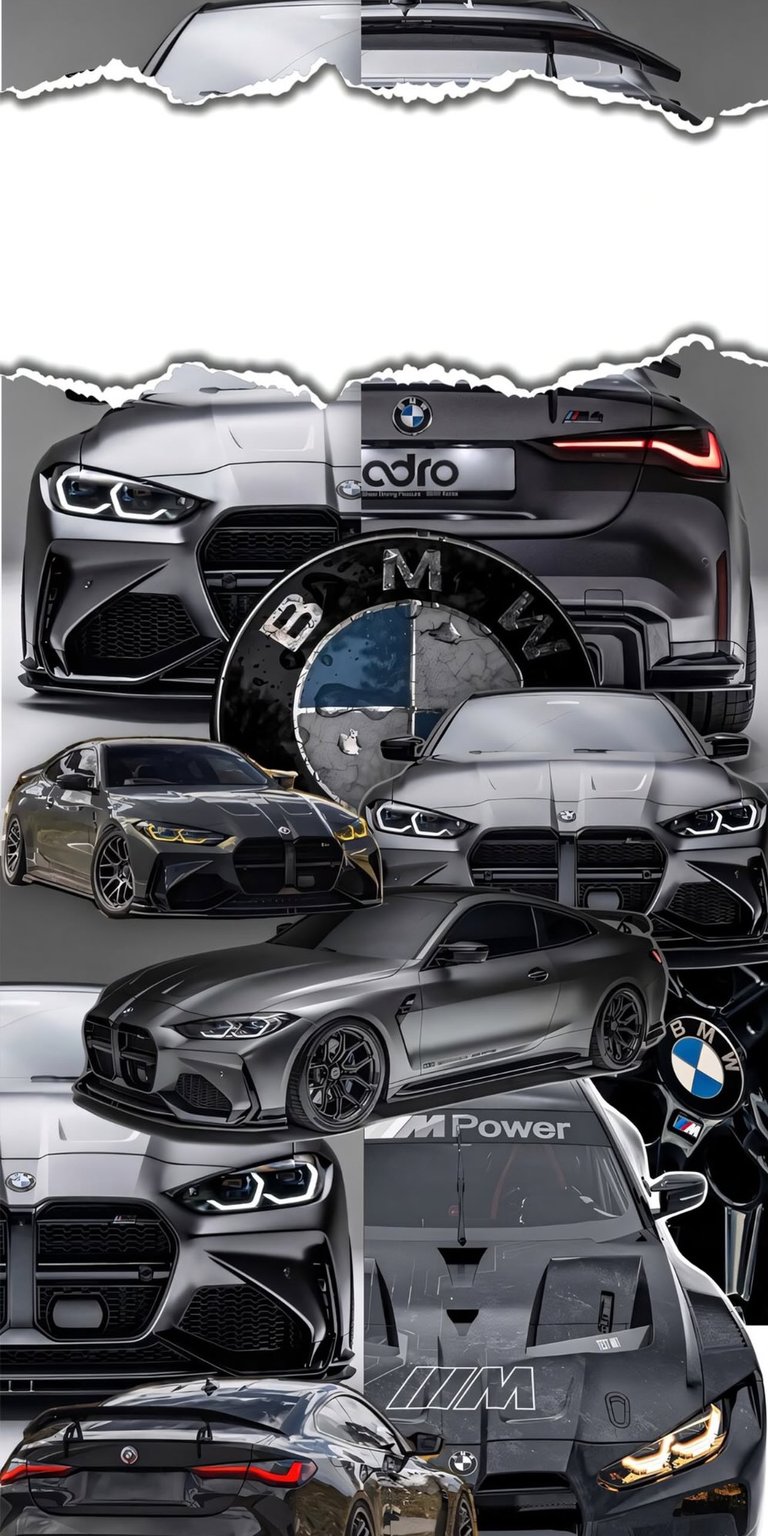 An aggressive and sleek tribute to the BMW M-Power series. This collage showcases the modern BMW M4 in various angles, highlighting the iconic kidney grilles, sharp LED headlights, and aerodynamic lines. Set against a dark, industrial background with "M Power" branding, it's the ultimate choice for automotive enthusiasts.