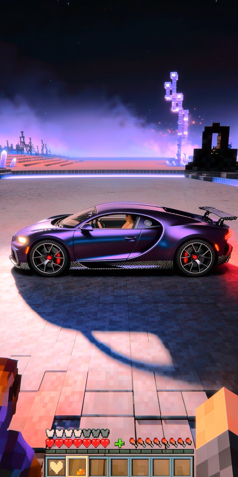A sleek side-view of the world-famous Bugatti Chiron parked on a reflective End Stone surface. The wallpaper captures the unique lighting of a Minecraft End sky, blending soft purples and blues with sharp automotive silhouettes. The pixelated UI elements at the bottom add an authentic "in-game" feel to this high-fidelity vehicle render.