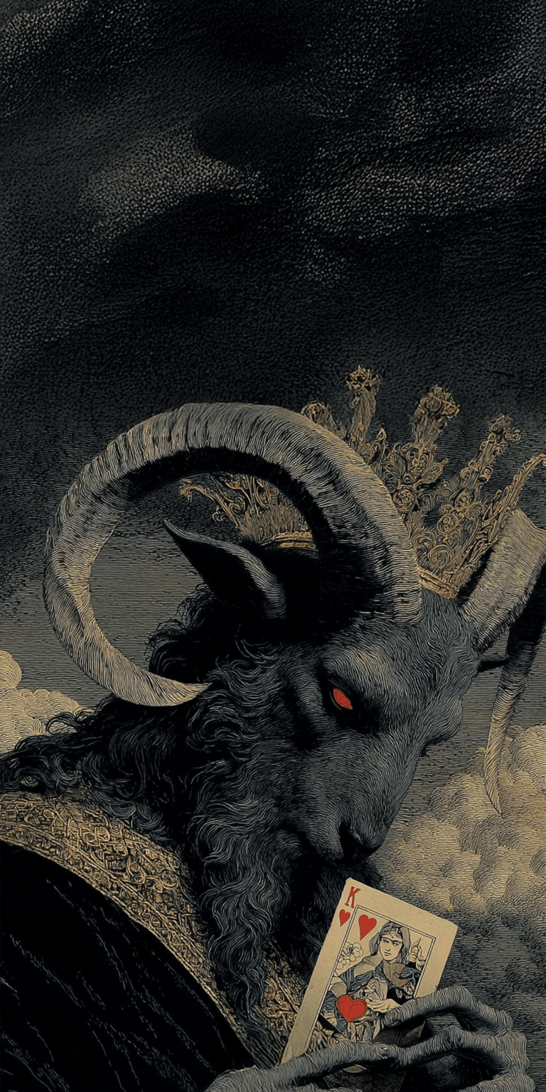 This dark fantasy 4K wallpaper features a detailed Baphomet figure with massive curved horns holding a King of Hearts playing card. It is the perfect aesthetic wallpaper for iPhone users looking for a moody, gothic atmosphere with intricate textured fur and glowing red eyes.