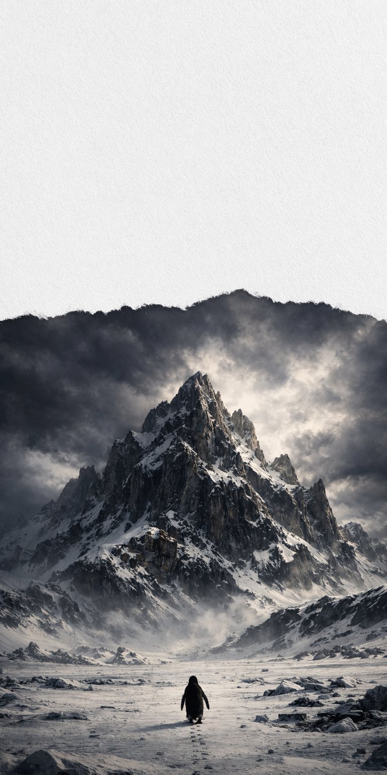 Download this stunning snowy mountain peak 4K wallpaper designed to bring a crisp, cold aesthetic to your iPhone screen. The high-resolution wallpaper captures a solitary hiker trekking through jagged, ice-covered cliffs under a dramatic gray sky.