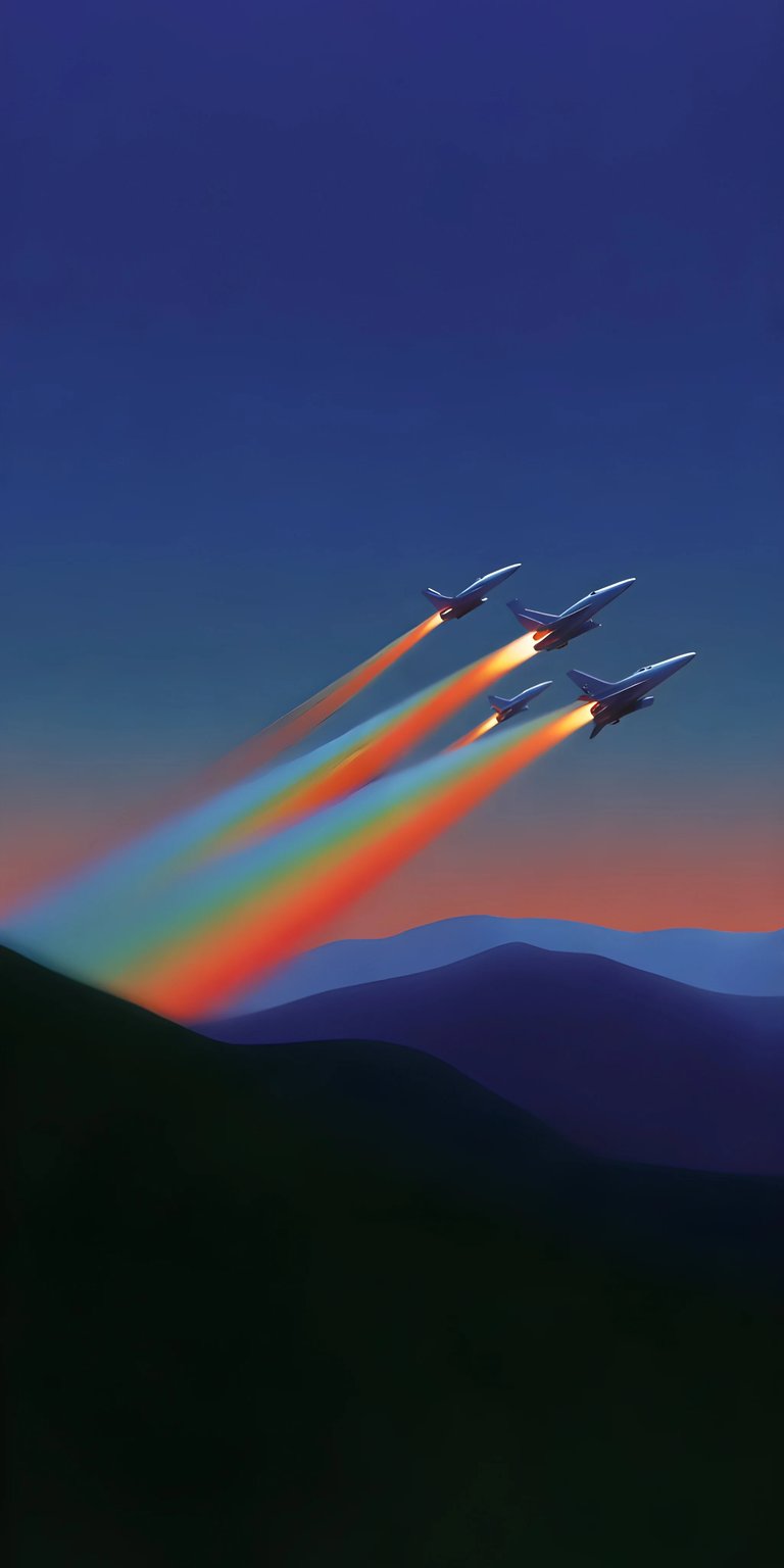 Elevate your iPhone screen with this stunning Jets 4K wallpaper, showcasing aircraft soaring through a twilight sky. The vibrant rainbow trails and silhouetted mountains add a touch of drama to this dynamic wallpaper.