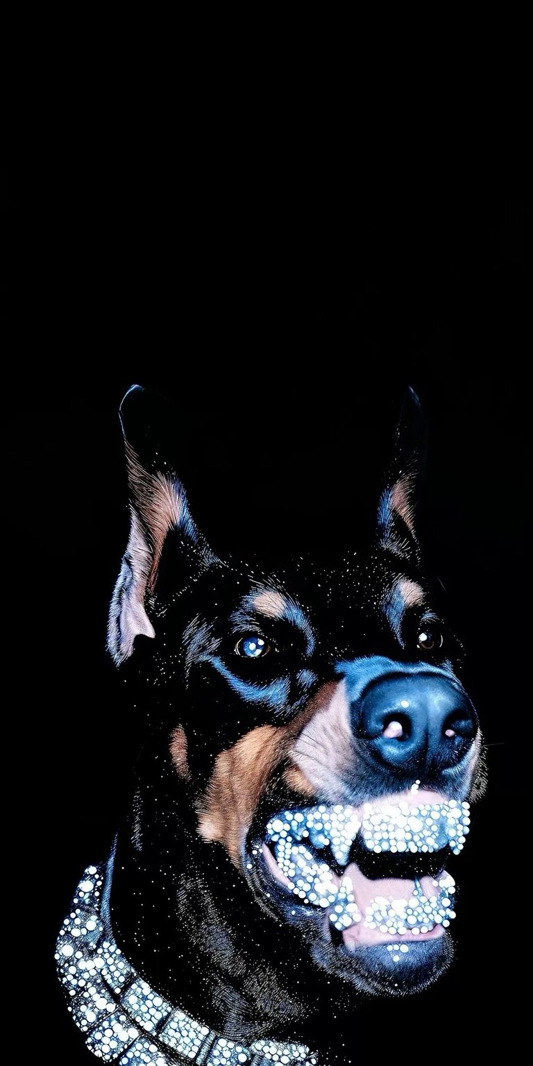 Download this Doberman 4K wallpaper for your iPhone, featuring a dog with diamond teeth and a studded collar. This unique wallpaper will add a bold touch to your device.