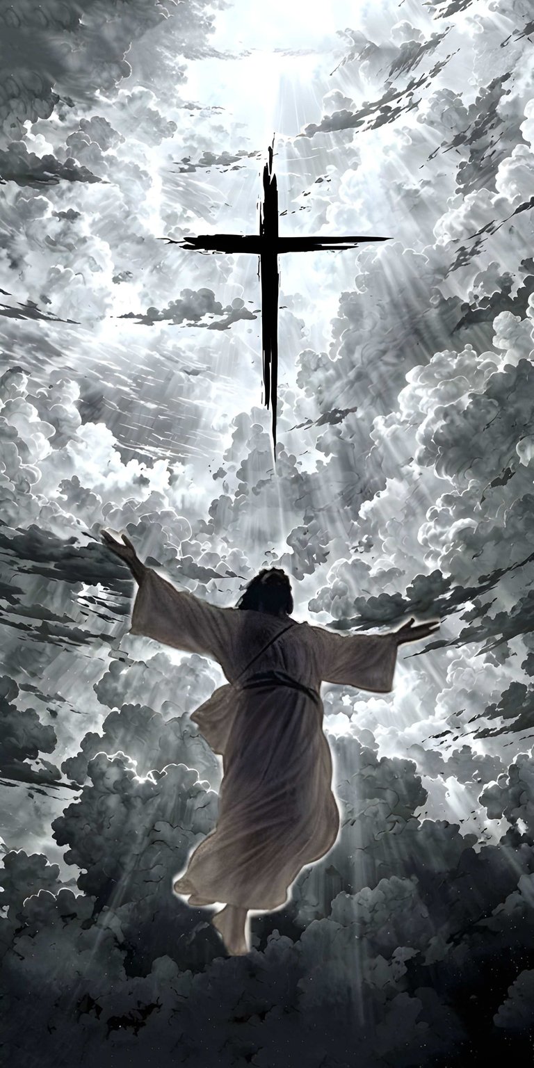 Jesus 4K wallpaper depicting a robed figure beneath a glowing cross in a stormy sky. This aesthetic wallpaper features heavenly light rays and dramatic clouds, perfect for iPhone lock screen.