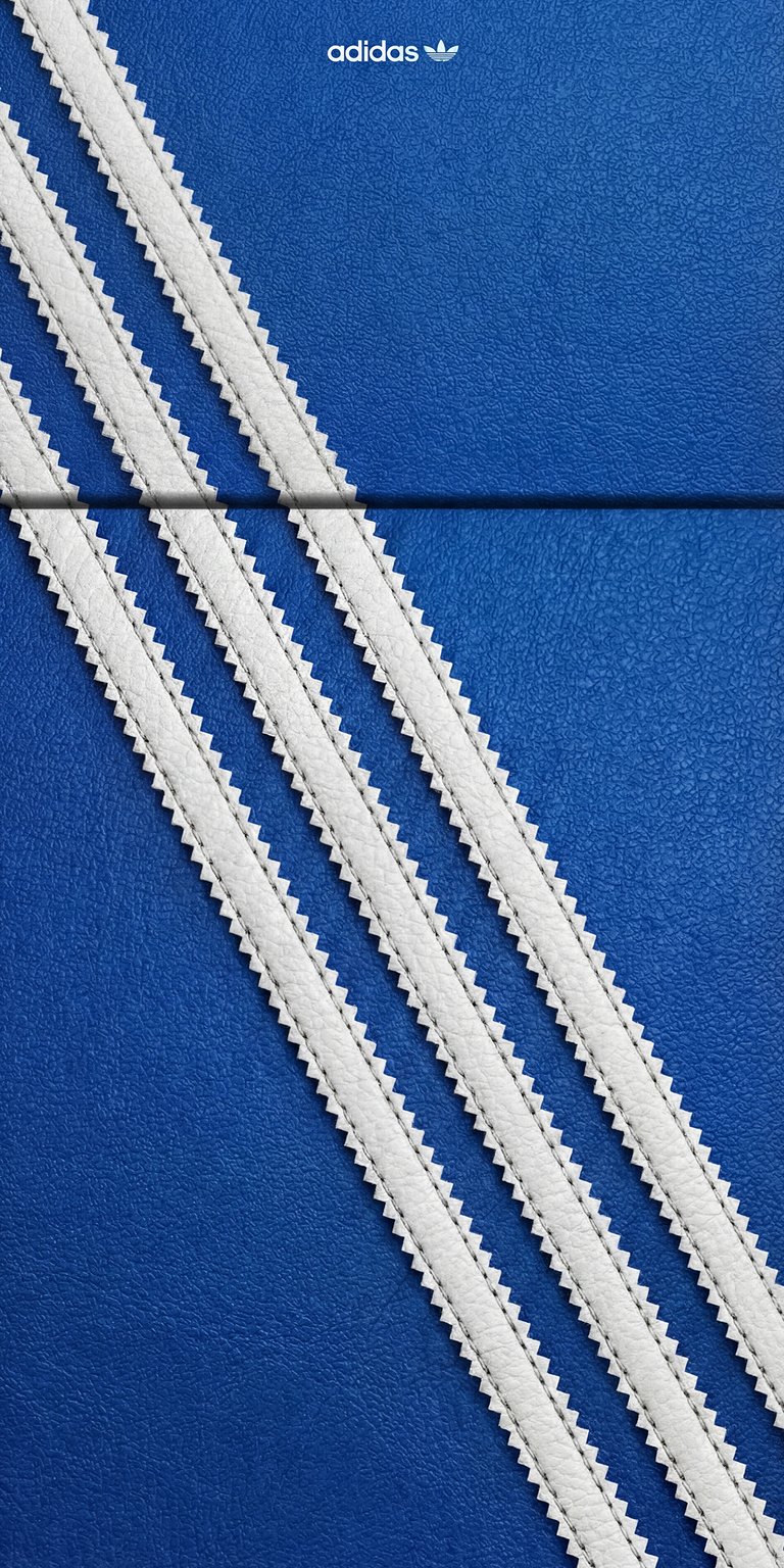 This Adidas Originals wallpaper features a premium blue leather texture with iconic serrated white stripes and the classic trefoil logo. Designed for iPhone, this 4K wallpaper offers a clean, tactile aesthetic perfect for a high-contrast lock screen.