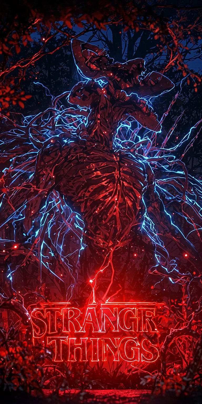 Download this striking Stranger Things 4K wallpaper for your iPhone, featuring a menacing figure with vibrant red and blue electric vein details. This Stranger Things wallpaper also includes neon-red logo.
