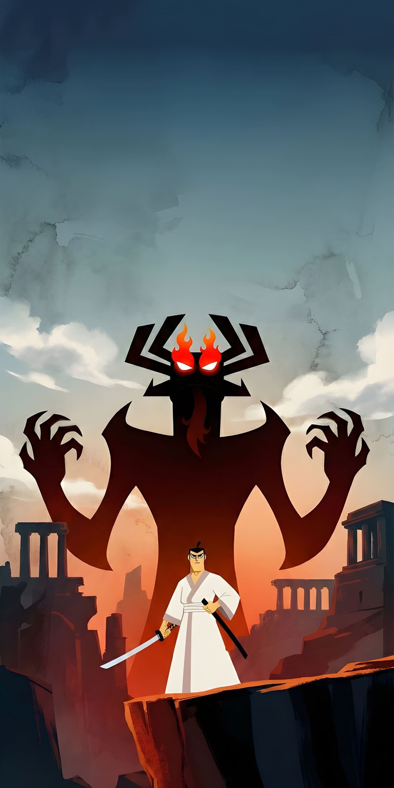 Jack faces off against the towering silhouette of Aku in this dramatic anime wallpaper. A bold artistic choice for any iPhone display.