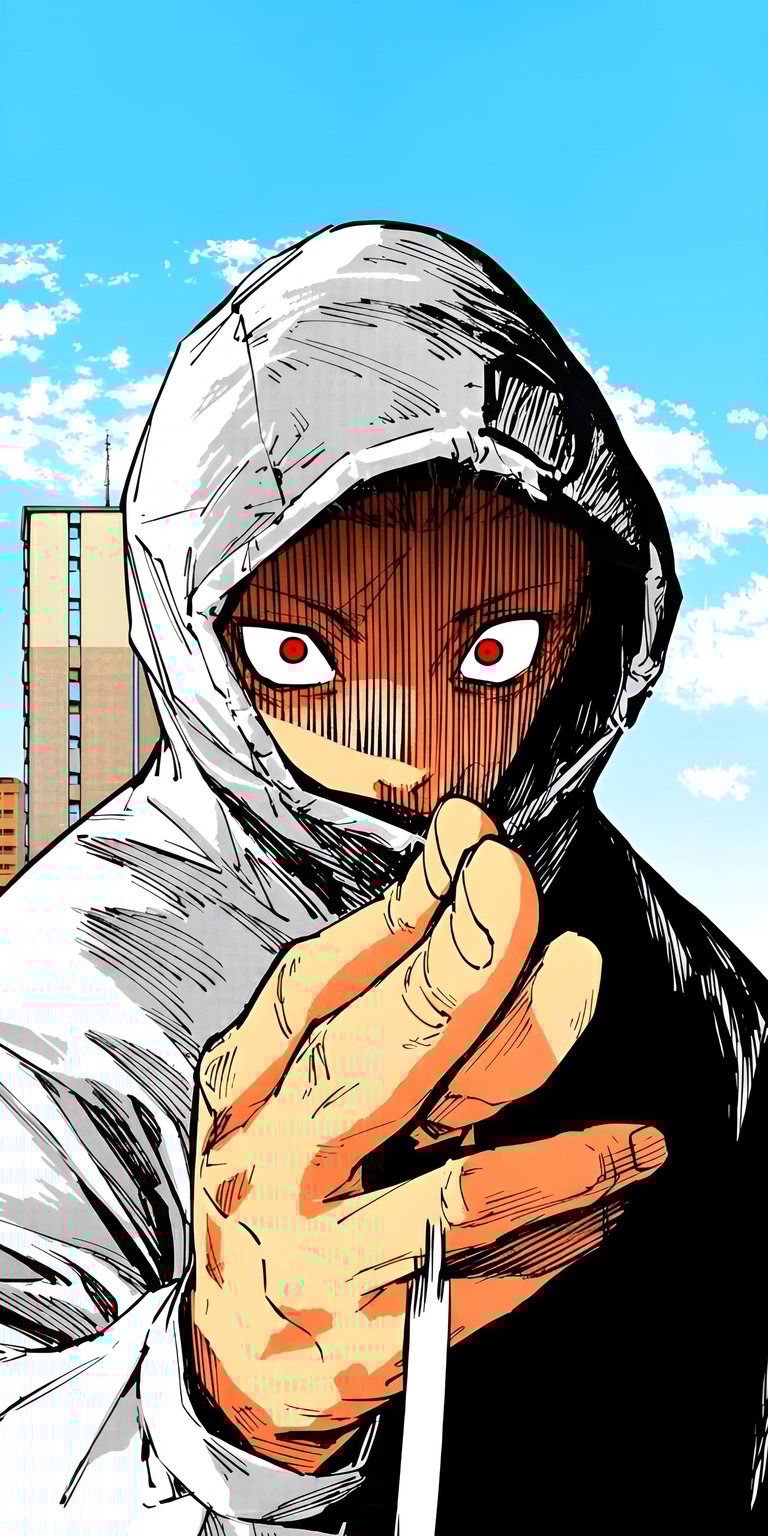 Download this intense Yuji Itadori 4K wallpaper for your iPhone, featuring his piercing red eyes and distinctive white hoodie against a bright sky. This striking wallpaper captures Hajun's unique style and presence.