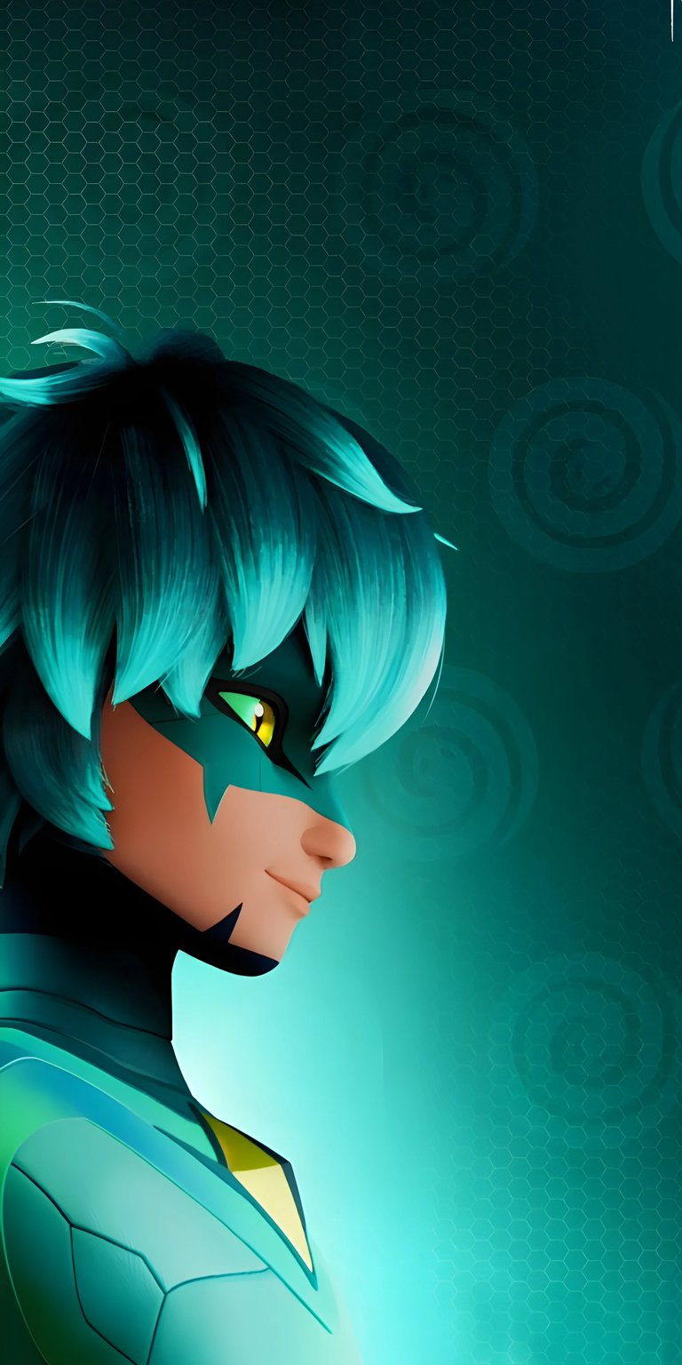 Download this Luka Couffaine 4K wallpaper for your iPhone, showcasing his signature turquoise hair and yellow eyes. This stunning wallpaper also features the hexagonal backdrop and spiral patterns.