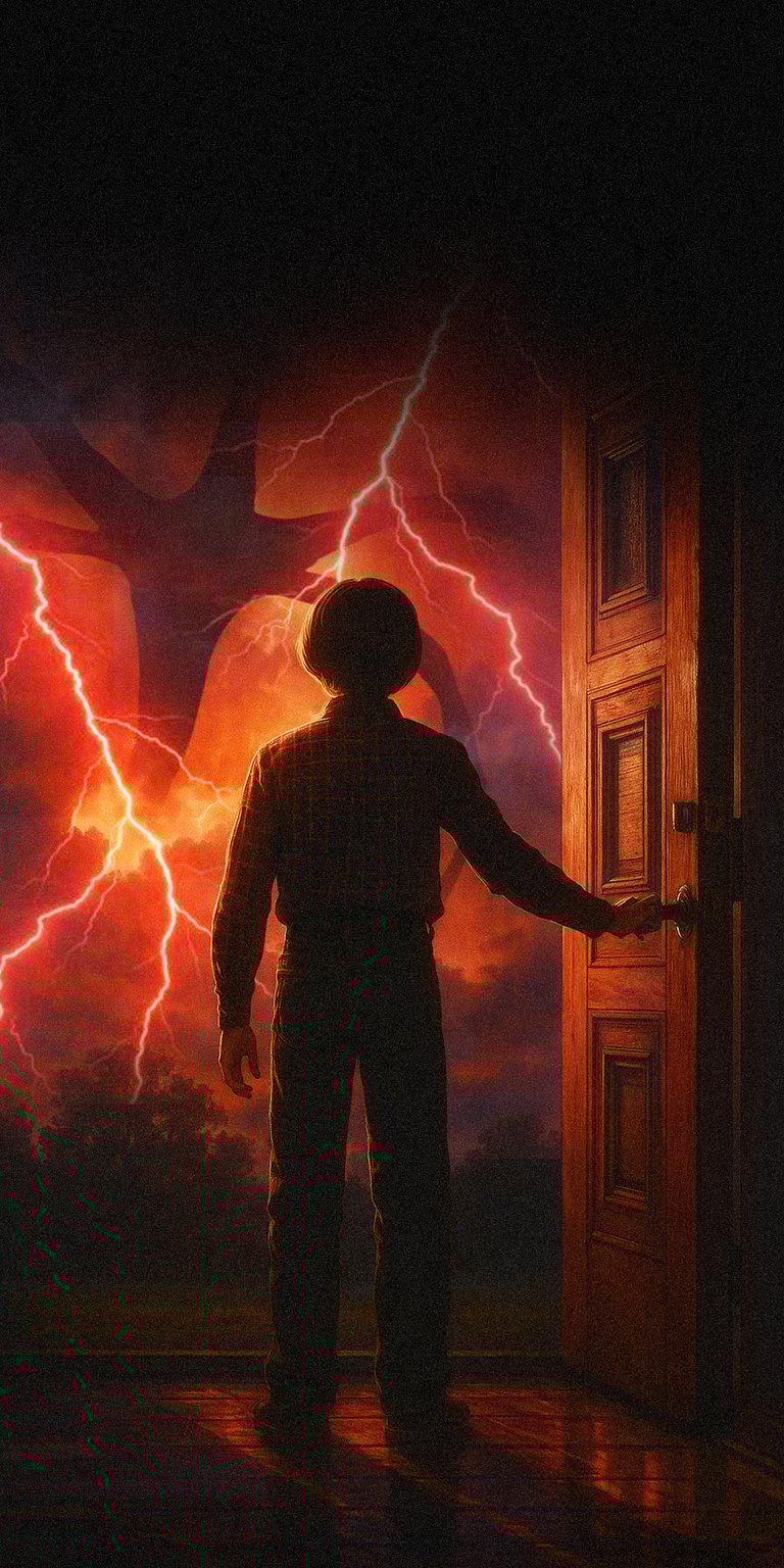 Download this Stranger Things 4K wallpaper for your iPhone, featuring a boy opening a door with a red and stormy background. This wallpaper showcases the glowing red lightning and the spooky tree silhouette.