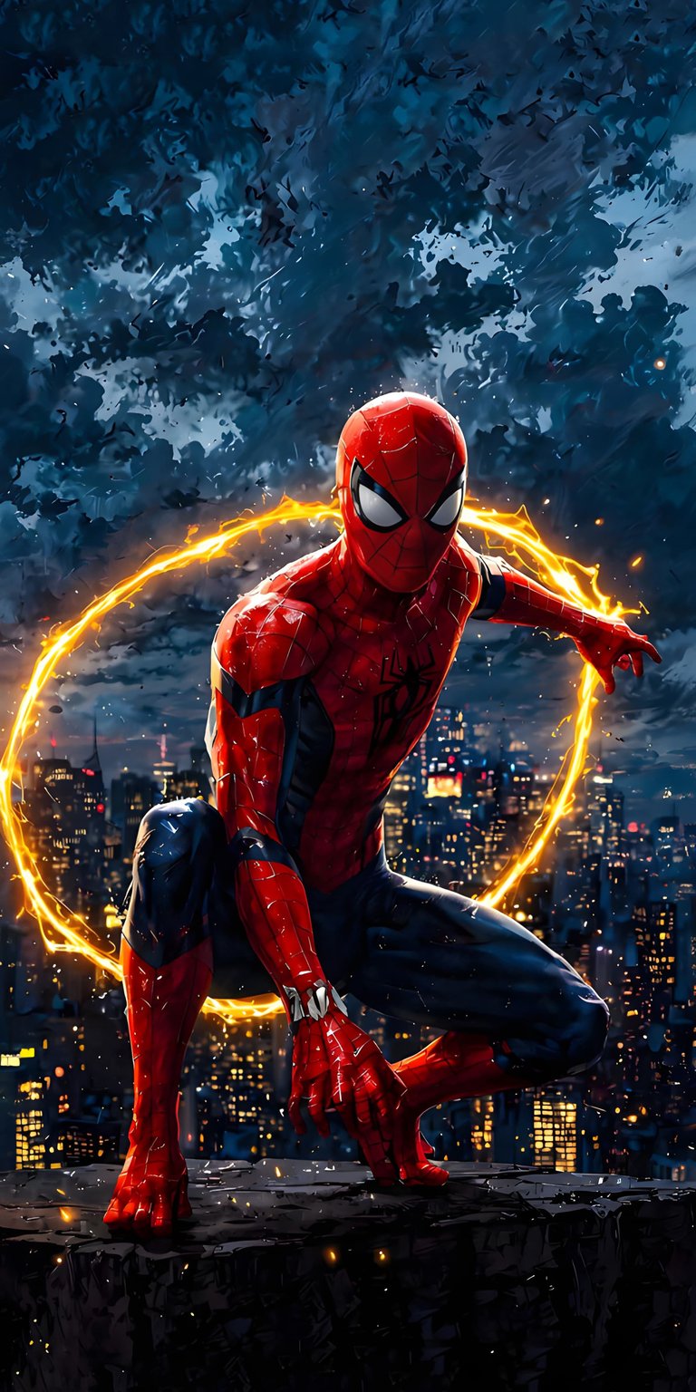 Download this striking Spiderman 4K wallpaper for your iPhone! The hero is crouched with an electric orange circle framing him against a detailed cityscape and cloudy sky, making this a must-have wallpaper.