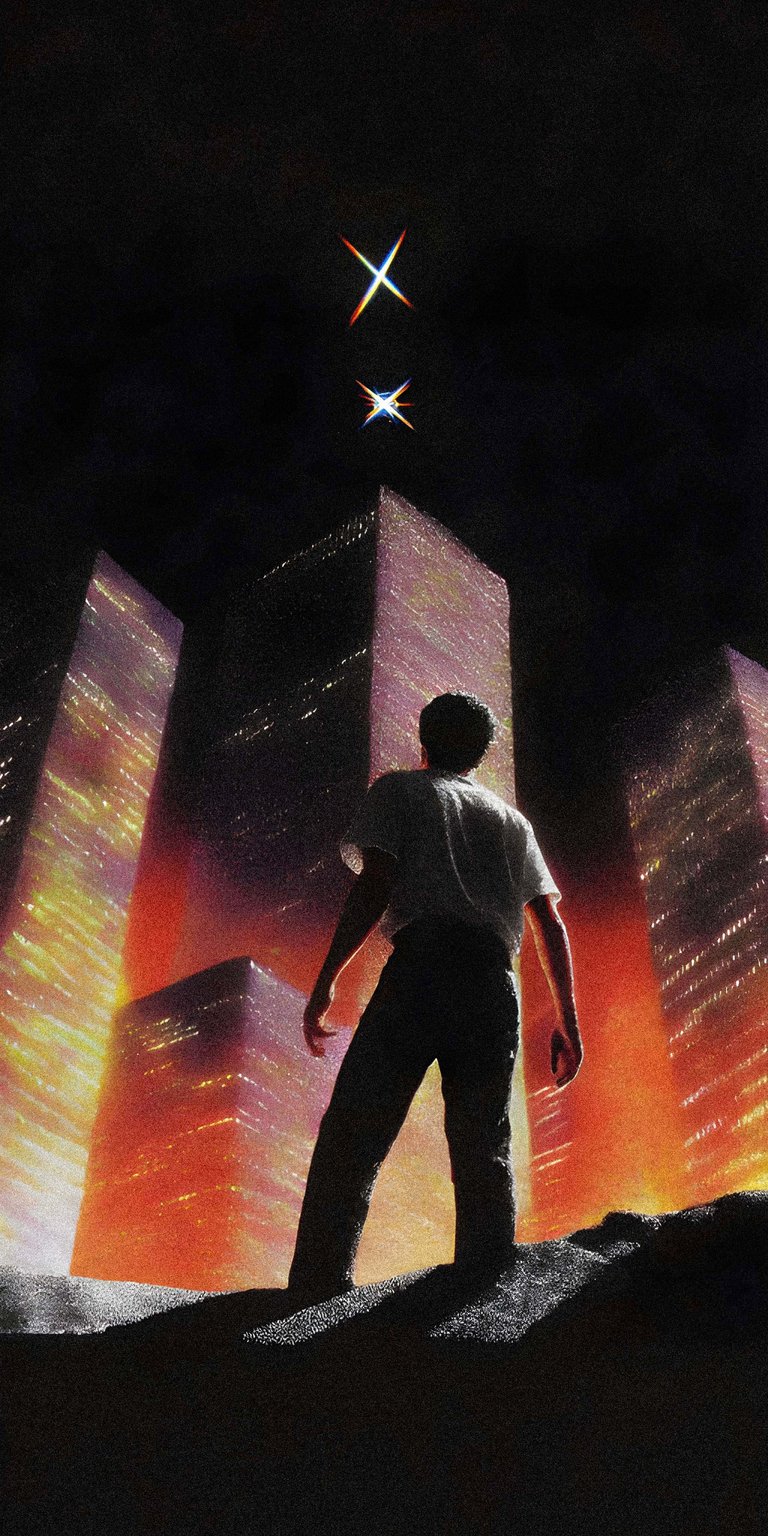 Download this stunning 4K wallpaper for your iPhone, featuring a man silhouetted against towering, softly lit city buildings. Above, two glittering stars add a touch of surrealism to this striking wallpaper.