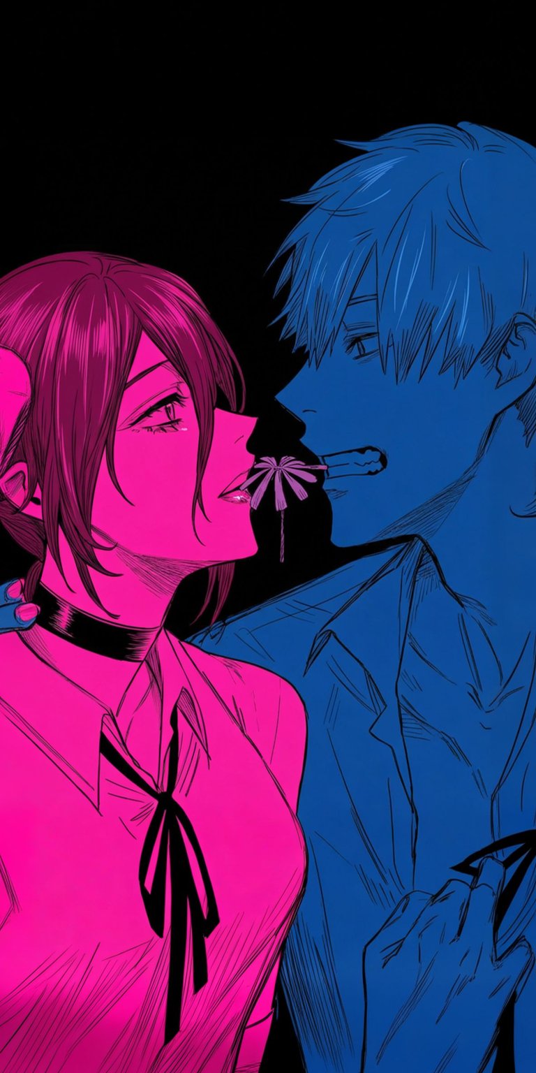 Get this striking Denji and Makima 4K wallpaper for your iPhone, featuring a split pink and blue color scheme. Notice Makima's black choker and the delicate candy hanging between them, offering a unique aesthetic for your device.