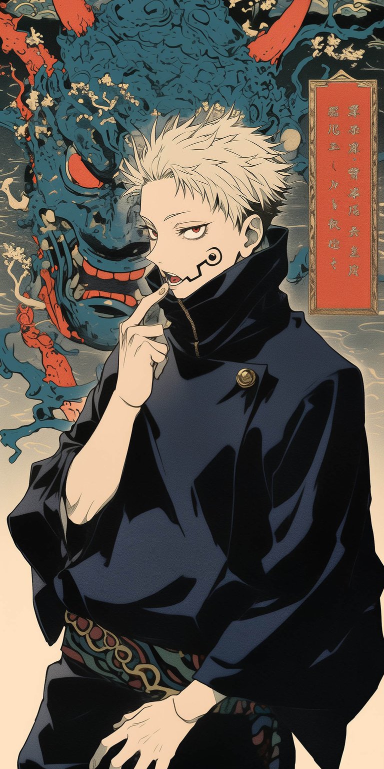 This 4K wallpaper features Yuji Itadori rendered in a traditional Japanese Ukiyo-e art style. The aesthetic wallpapers design showcases deep navy tones and a striking red-horned demon backdrop, making it a bold choice for any iPhone.