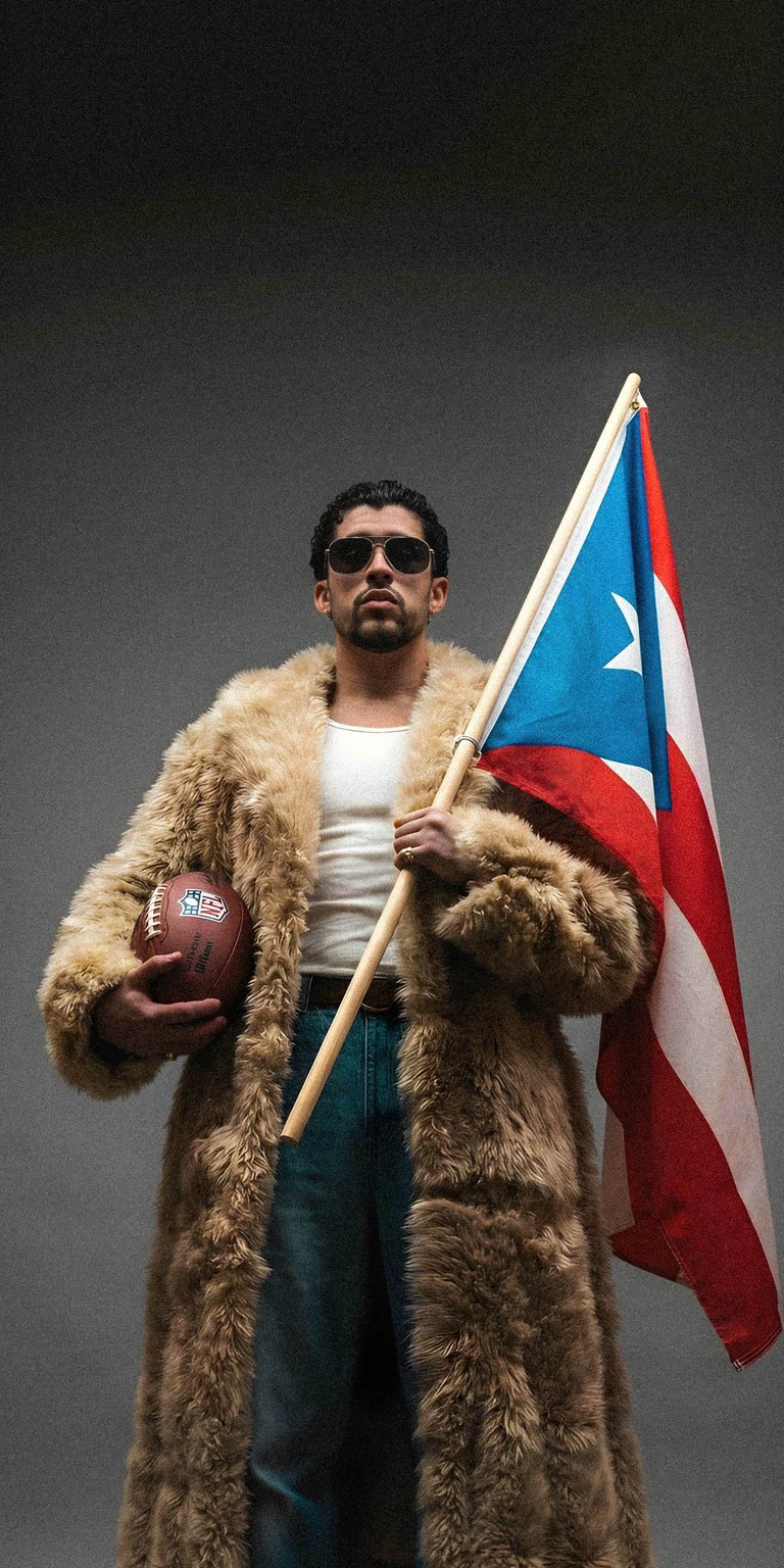 Bad Bunny flag portrait wallpaper designed as an aesthetic wallpapers style wallpaper for iPhone, centered on a bold studio-style composition. This wallpaper features neutral gray tones, soft directional lighting, and a confident, powerful mood with clear depth.