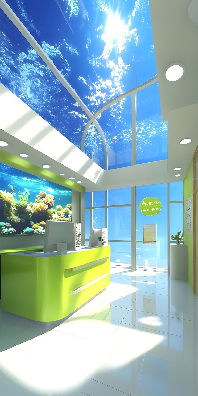 Download this Aqua Sky 4K wallpaper for your iPhone, featuring a stunning blue sky with cloud-like patterns overhead. This wallpaper also features vibrant coral reefs on a large screen and a glossy green reception desk.